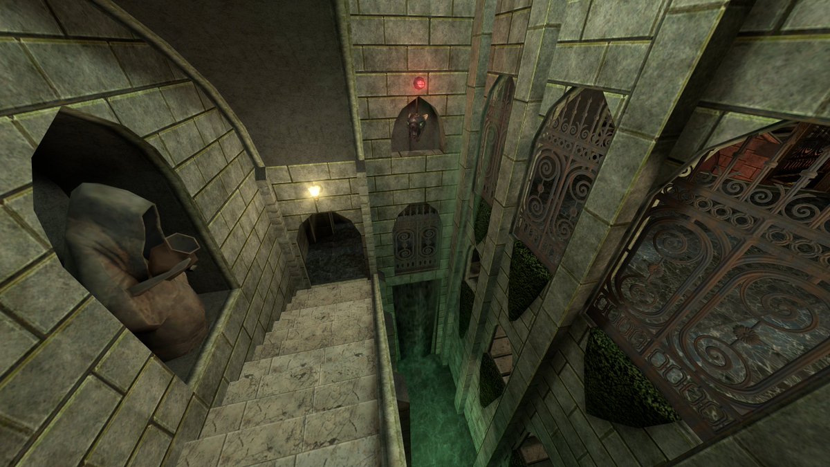 TafferKing451's tweet photo. The stairwell down to the vault level has a unique hanging garden theme, but be cautious of the tight spaces and peeping watchdogs.

#gloomwood https://t.co/0cTEgOzz5S