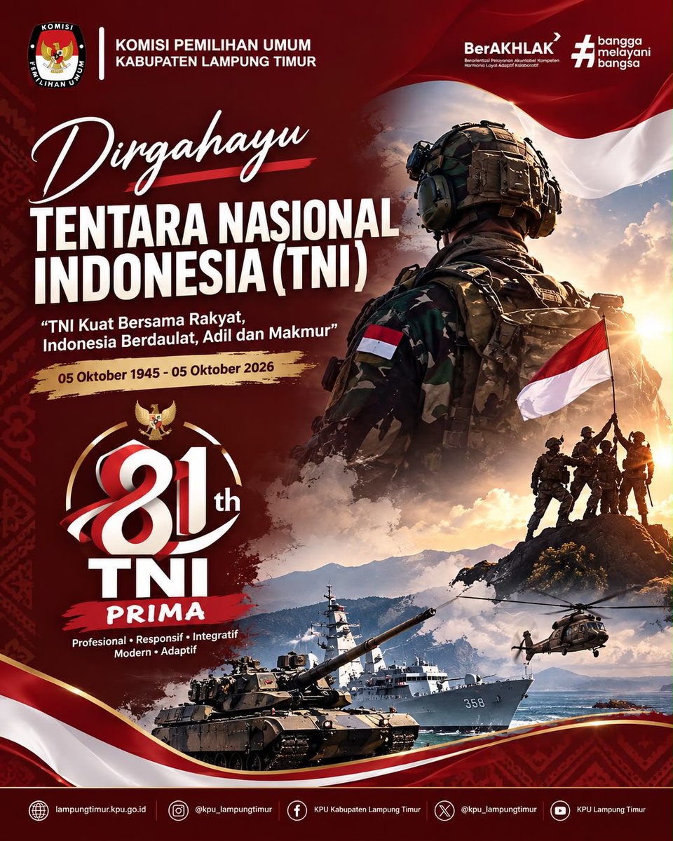 kpu_timur's tweet photo. #TemanPemilih,
Segenap Keluarga Besar KPU Kabupaten Lampung Timur mengucapkan Dirgahayu Tentara Nasional Indonesia (TNI).

#kpumelayani https://t.co/kSOCD5IV47