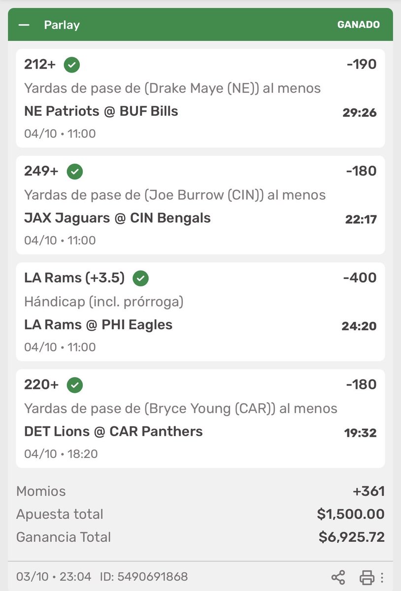 larabasado's tweet photo. HOY: 

LA RAMS ML ✅ (RETO ESCALERA $1,200 a $7,000 COMPLETO) 

KC CHIEFS ML ✅

CUATRILAY +360 ✅

BURROW YARDAS ✅

6-2 en mis últimas 8 apuestas. +25% de bank el fin de semana. 

¿Quieren jugada mañana? MÍNIMO 200❤️. MÍNIMO. https://t.co/b9GpbIBm2f