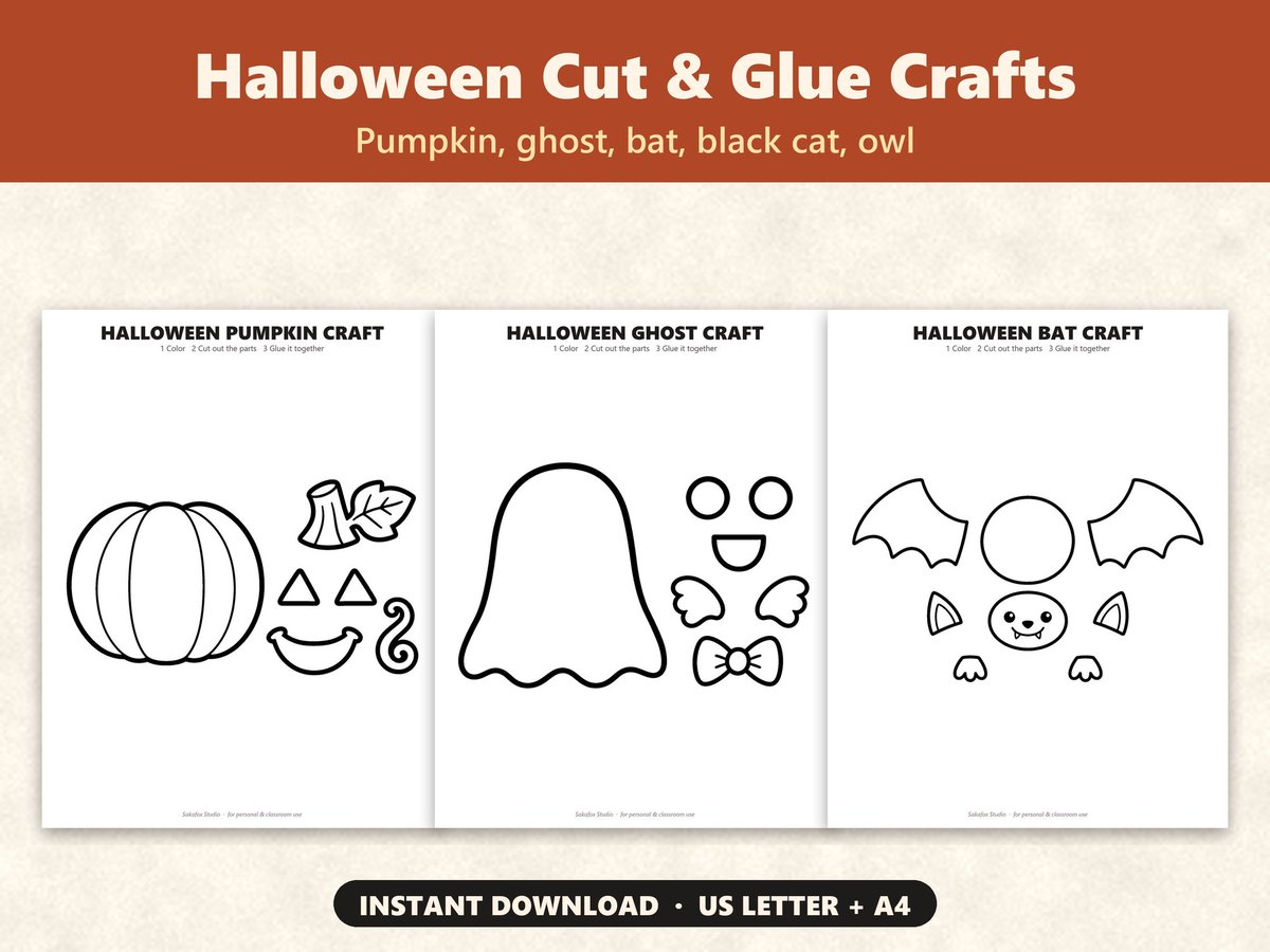 sakakitsune's tweet photo. Cut &amp; glue Halloween crafts 🦇 A pumpkin, ghost, bat, black cat and owl - big parts for little scissors.

https://t.co/iJkTqnfKwh

#HalloweenCrafts #TeacherResources #KidsCrafts https://t.co/ZjH2oRsbXk