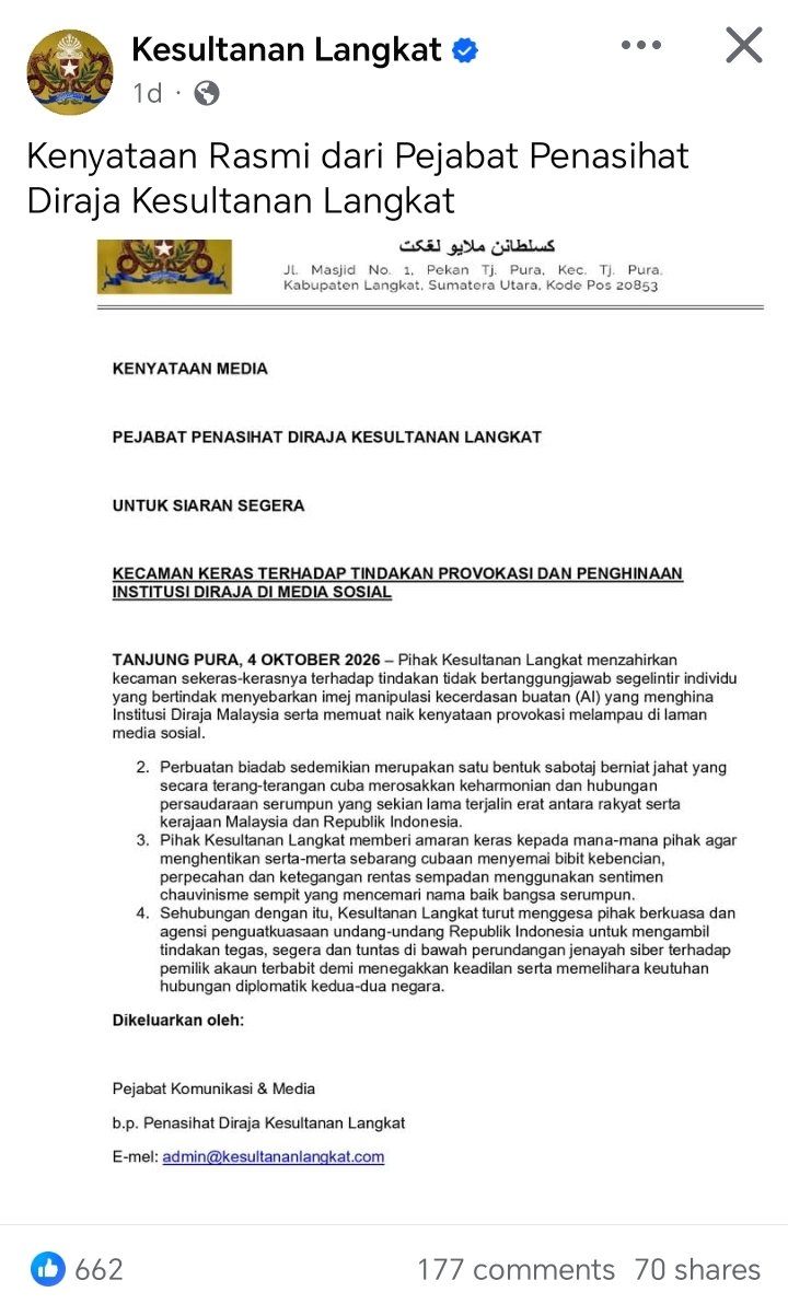 dy0an0na's tweet photo. @muthia43644354 @SaufyJauhary Apa kata awak open fb link yang di berikan. Memang ada pada suratnya di page rasmi Kesultanan Langkat. https://t.co/OKaea4HRyZ