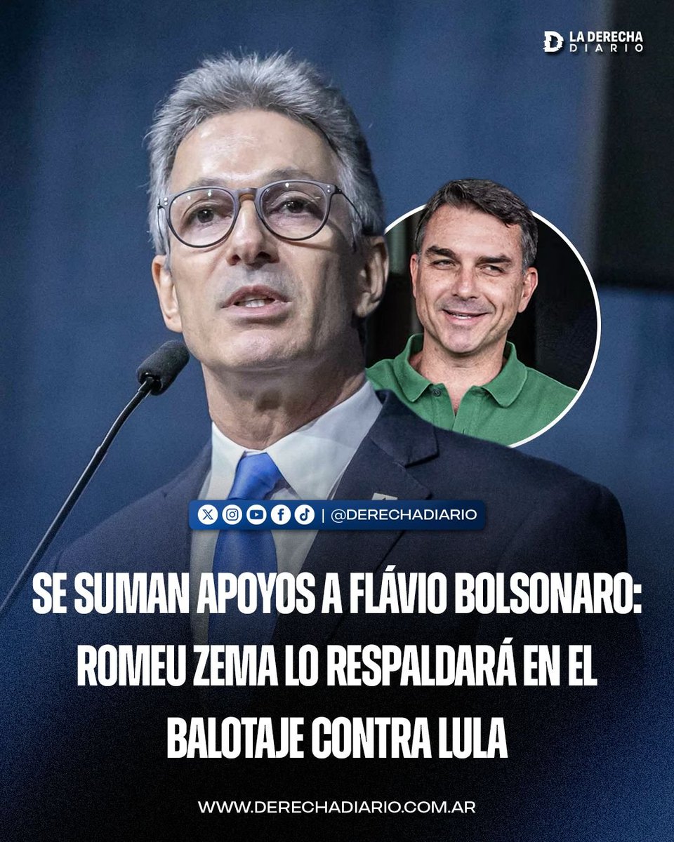laderechadiario's tweet photo. 🚨🇧🇷 | SE SUMAN APOYOS A FLÁVIO BOLSONARO: Romeu Zema, gobernador de Minas Gerais y candidato de derecha, sacó más de 300.000 votos y lo respaldará en el balotaje contra el dictador Lula da Silva.

“Donde esté el PT, yo estoy del lado contrario”. https://t.co/et9K8quDNf