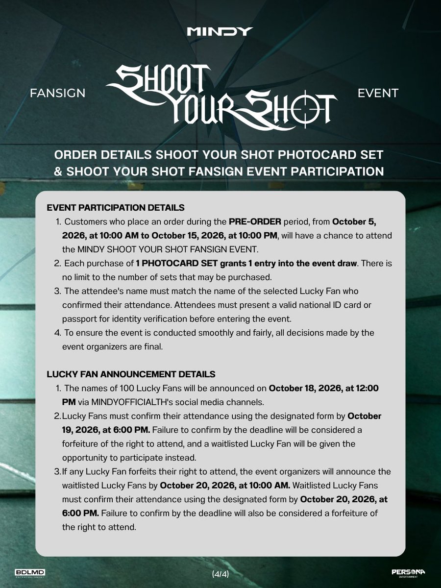 MINDYOFFICIALTH's tweet photo. “SHOOT YOUR SHOT PHOTOCARD FANSIGN EVENT” 🏹

PRE-ORDER NOW ! 🧺‼️

Pre-order your ”SHOOT YOUR SHOT PHOTOCARD“ now at
🔗 : LINE: https://t.co/qCnHQKfMqv 

Already placed your order? Don’t forget to register for a chance to join the “FAN SIGN EVENT” at
🔗: https://t.co/TdQNmLkztK

See ya~💞

** Please read all the event details and terms & conditions carefully before placing your order. **

#SHOOTYOURSHOT_Fansign 
#MINDY_SHOOTYOURSHOT
#MINDY_TH 
#BDLMD 
#PersonaEntertainment