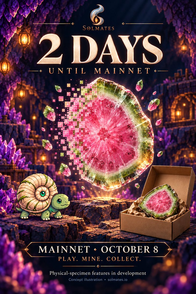Solmatesio's tweet photo. 2 days until launch. ⛏️ The mine is digital. The ore is not.  Solmates launches on Solana October 8th. Mine Souls in-game → craft Shards → buy relics → redeem them for REAL physical mineral specimens from a vault. Shipped to your door.  Genesis miners earn DOUBLE: 4 Souls/day vs 2 after the window closes.  Position yourself before day one:  telegram: https://t.co/L44Cf0tHi0 discord: https://t.co/8oRsaKqu7x #Solana #web3gaming #SolanaCrypto