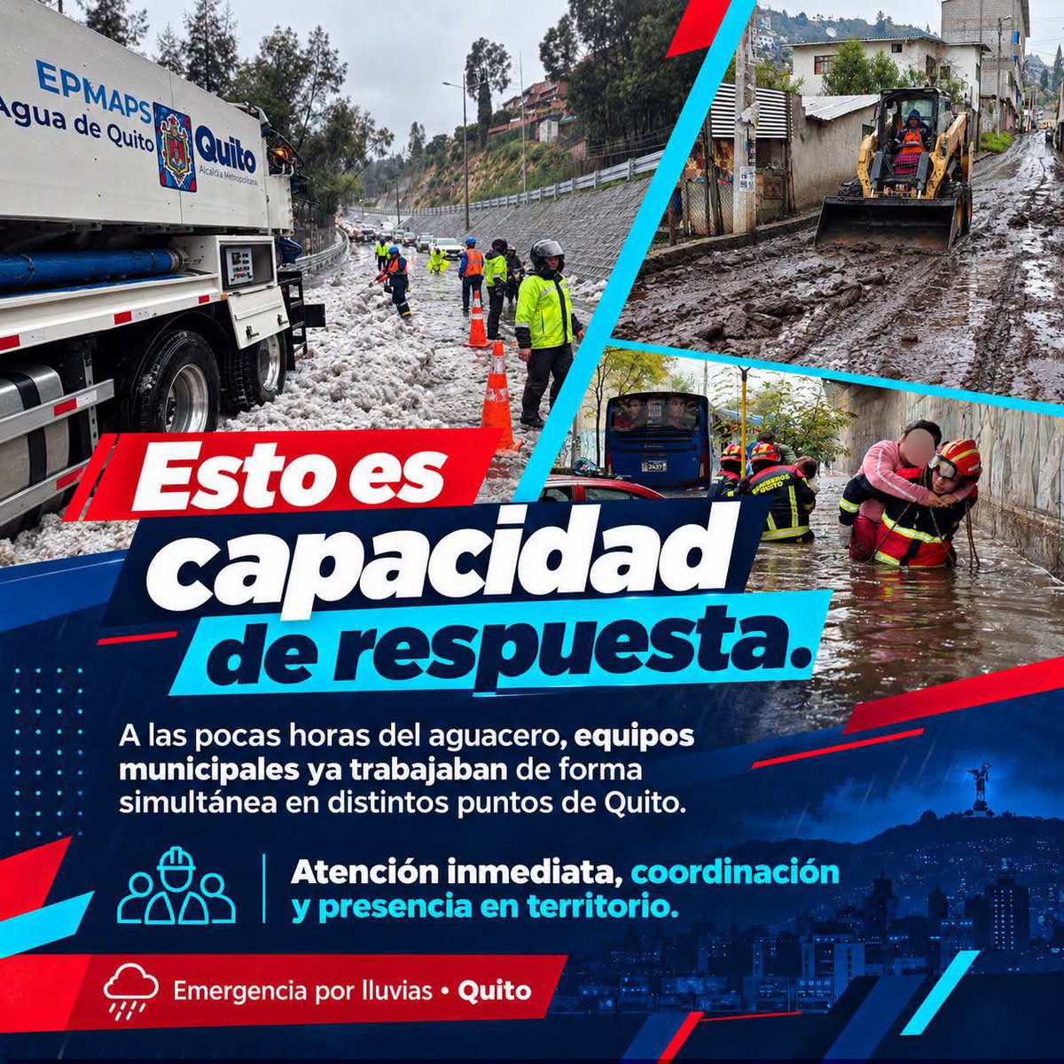 AndreaEncaladaE's tweet photo. Mientras algunitos buscan like de la tragedia de su ciudad, hay gente trabajando a full: retirando lodo, limpiando vías y drenajes para que mañana la ciudad funcione. Hay una enorme diferencia entre administrar una emergencia y simplemente contarla. #QuitoSíResuelve 💙❤️ https://t.co/5UPen4nifq