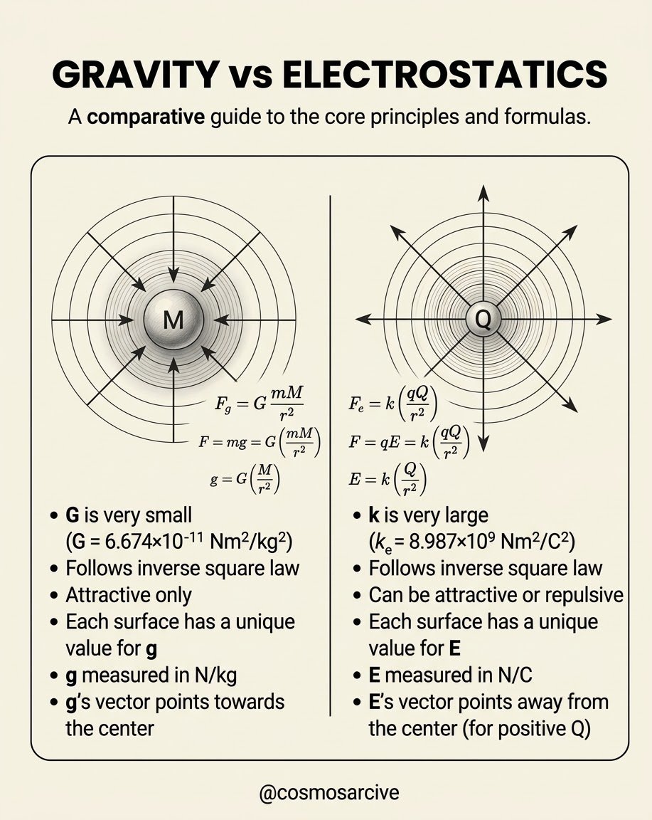 cosmosarcive's tweet photo. In 1687, Isaac Newton showed that gravity weakens with the square of distance. Nearly a century later, in 1785, Charles-Augustin de Coulomb found the same inverse-square pattern in electrostatic force.

The equations look remarkably similar:

F = Gm₁m₂/r²

F = kq₁q₂/r²

But the forces themselves are vastly different. At the atomic scale, electricity is about 10³⁶ times stronger than gravity. Yet atoms do not fly apart because positive and negative charges largely cancel, leaving gravity to shape the universe on the largest scales.