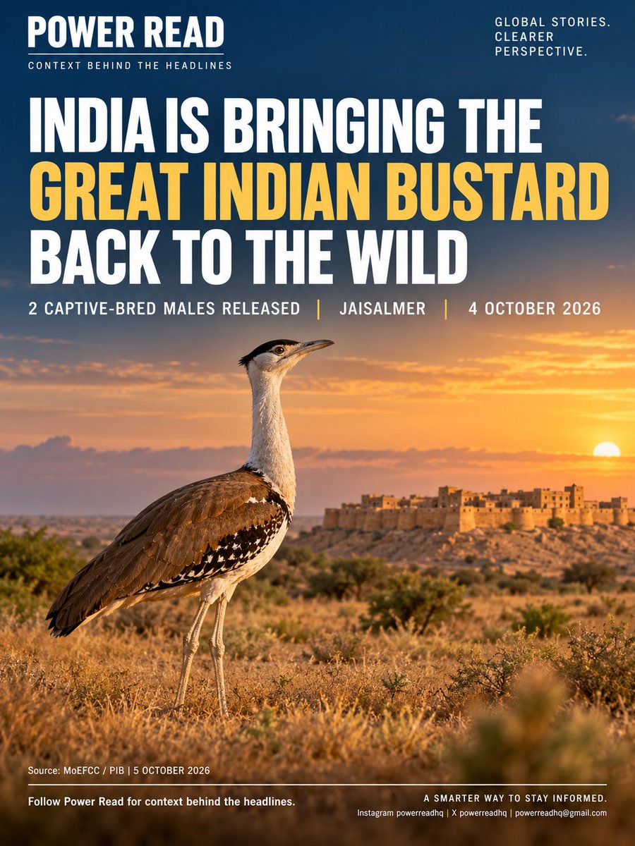 Powerreadhq's tweet photo. ⚡ POWER READ

🐦🇮🇳 FROM CAPTIVITY TO THE DESERT
India has released two captive-bred male Great Indian Bustards into the wild at Sam in Rajasthan’s Desert National Park.
For one of India’s most threatened birds, this marks a major shift:
from conservation breeding → to rewilding.

📌 CONTEXT
Nearly a decade of captive-breeding work has created a population large enough for carefully managed releases.

The Sam and Ramdevra facilities currently hold 97 birds.
→ 86 maintained for breeding
→ 11 earmarked for release
→ 2 now released into the wild

🇮🇳 WHY IT MATTERS
Captive breeding is only the first step.
The real test is whether these birds can survive, adapt and eventually reproduce in the wild.

🌍 THE BIGGER PICTURE
Around 200 sq km of fenced grassland enclosures have been developed inside Desert National Park for release and monitoring.

🔎 WHAT TO WATCH
Scientists will monitor the released birds and use the results to refine future reintroduction efforts.
The goal:
Not just more birds in captivity — but a viable population in the wild.

Source: Ministry of Environment, Forest & Climate Change / PIB