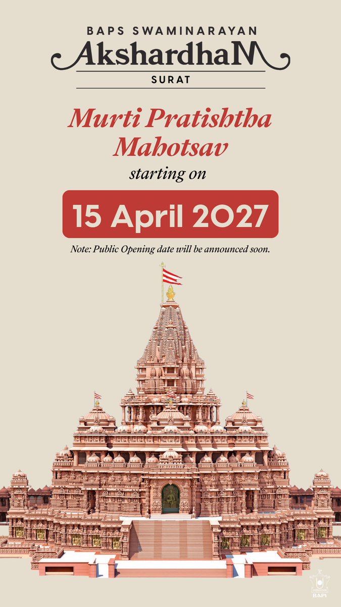 BAPS's tweet photo. The Grand Opening Celebrations of the Swaminarayan Akshardham at Surat, Gujarat will begin on Chaitra Sud Nom (April 15, 2027). Devotees from will first join the celebrations on assigned dates. After which, the Akshardham will be opened to the public. https://t.co/sBCEOGoO2K