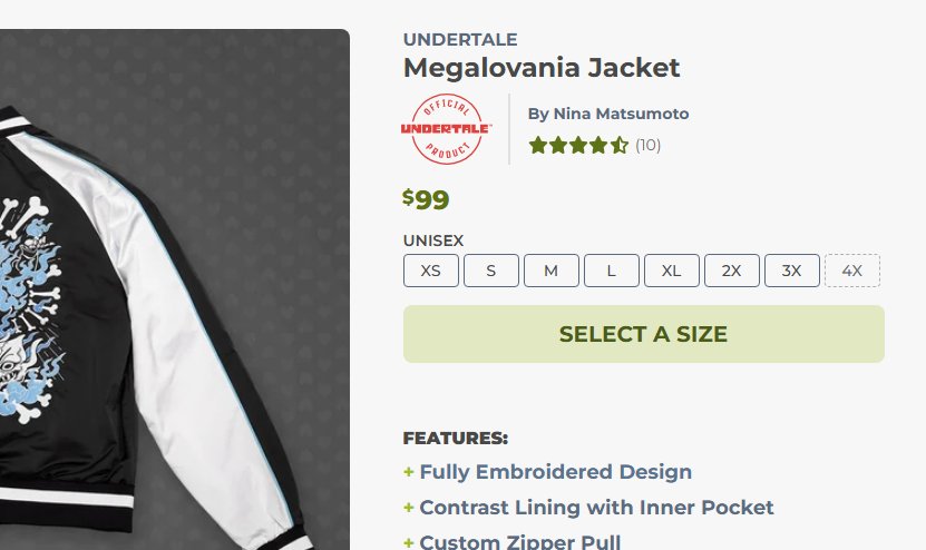 ozlako's tweet photo. was Dicking around on the fangamer website looking at the merch and saw this How many 500 pound monoliths rocking the 4 XL 100% polyester 99 dollar megalovania jackets are there for this to go out of stock https://t.co/dYOIGol3HU