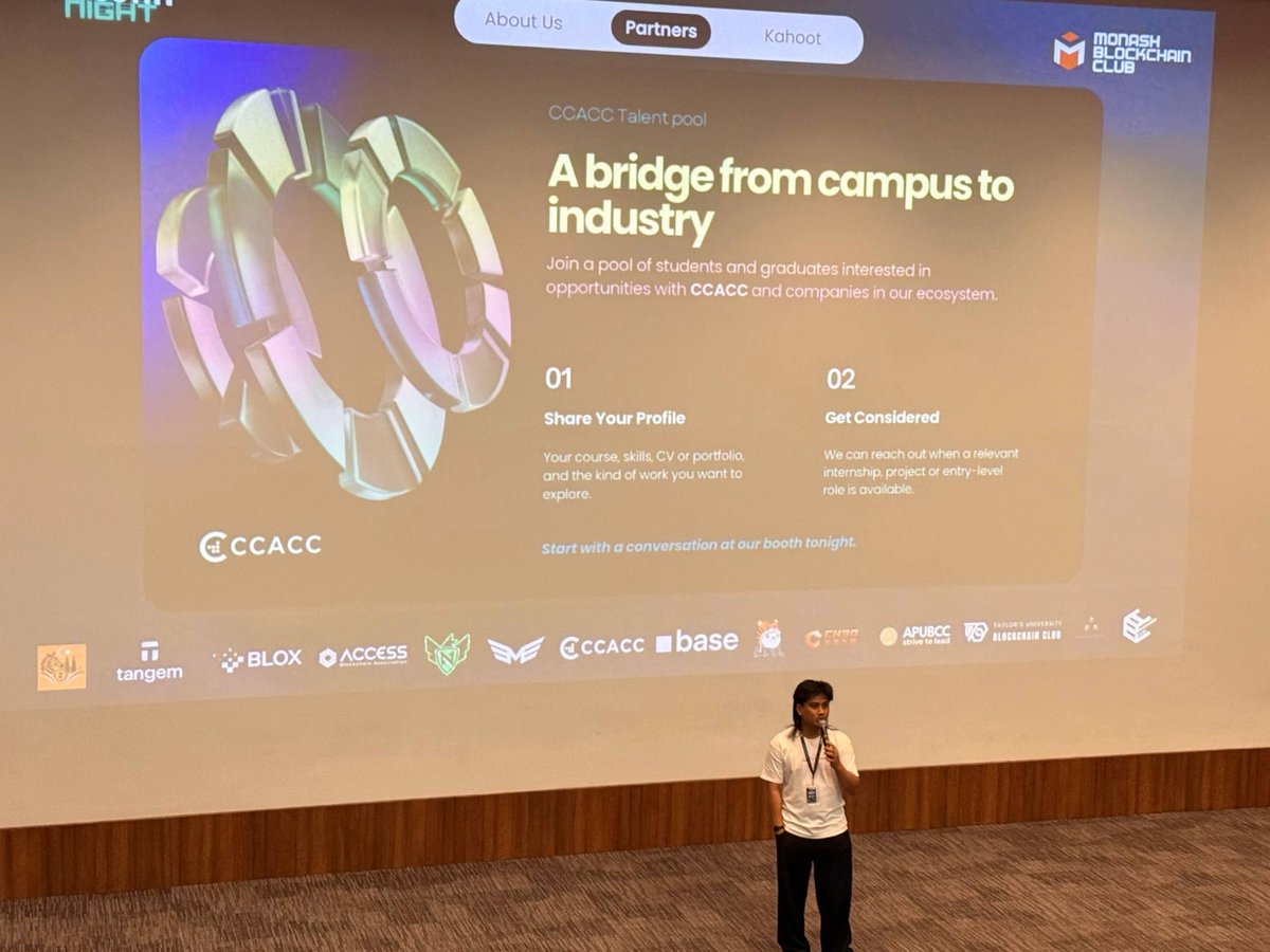 ccacc_hub's tweet photo. Thanks to @mumbcs for having us at Industry Night 2.0.

Had some great conversations with students, builders, and community members, and got to share a bit about CCACC TalentPool.

Always good to see the community coming together. Looking forward to the next one.

#Web3 #MonashBlockchain #CCACC