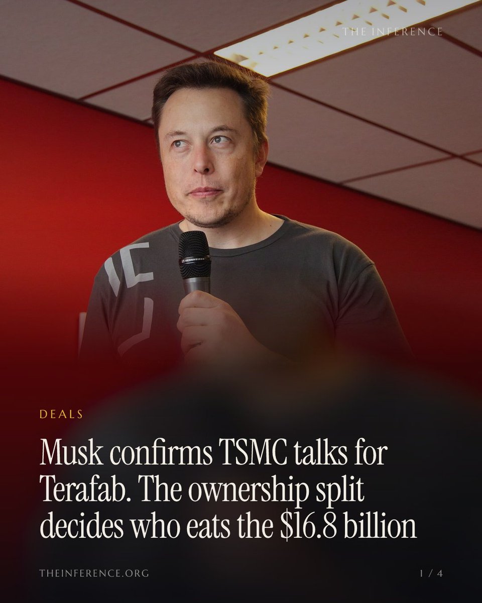 inference_org's tweet photo. Musk confirms TSMC talks on Terafab, but nothing is signed. The ownership split is the whole story: it decides who eats the $16.8 billion.

https://t.co/fA6eFW9AHZ https://t.co/4jaXVIgYcc