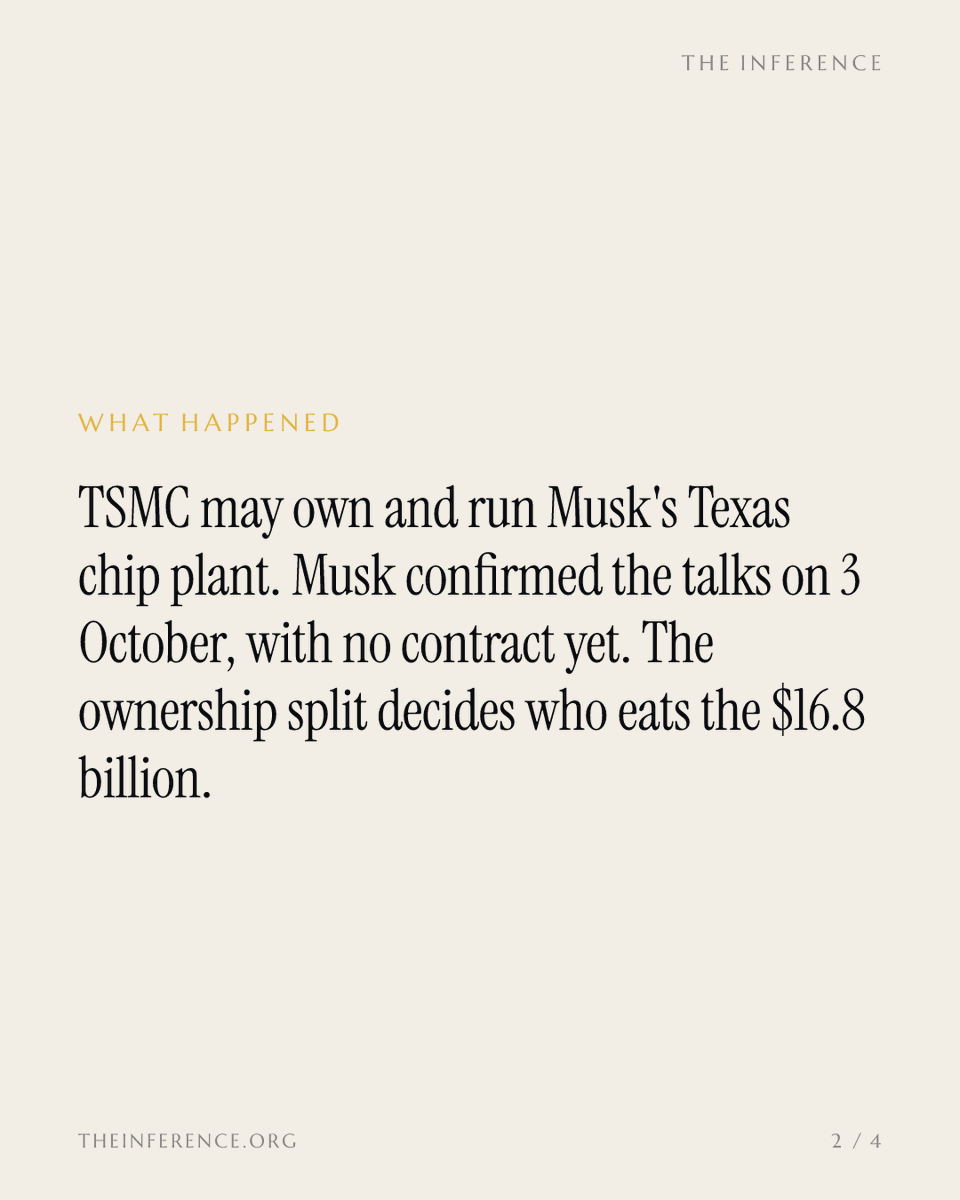 inference_org's tweet photo. Musk confirms TSMC talks on Terafab, but nothing is signed. The ownership split is the whole story: it decides who eats the $16.8 billion.

https://t.co/fA6eFW9AHZ https://t.co/4jaXVIgYcc