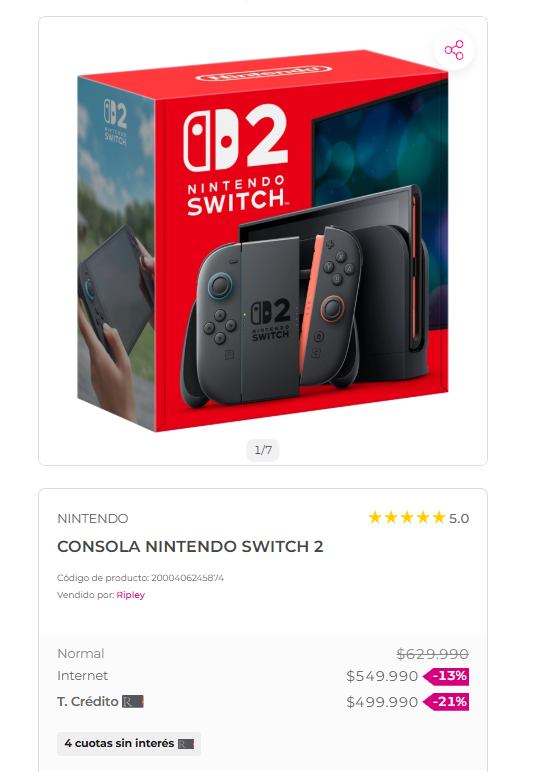 MichiOfertasCL's tweet photo. CYBER RIPLEY: CONSOLA NINTENDO SWITCH 2 por $499.990 con tarjeta en ripley!

Link directo: https://t.co/IkVwxo3mF2

#ripley #oferta #gaming #nintendo https://t.co/CJASlzewPQ
