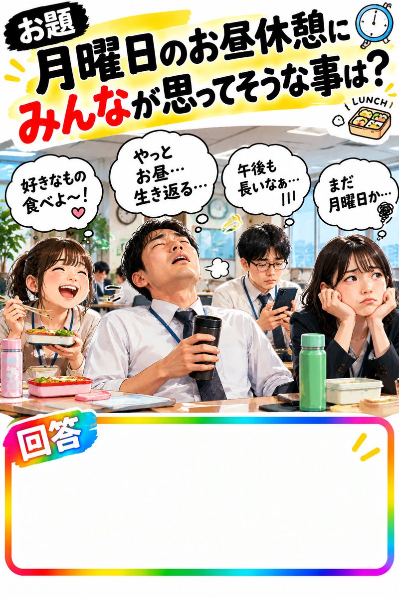 do_re_min_'s tweet photo. 【お題】
月曜日のお昼休憩にみんなが思ってそうな事は？

空欄を埋めてください。

#大喜利 #みんなの大喜利ひろば https://t.co/dVhlprHgbA