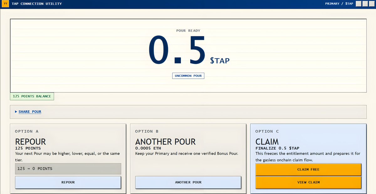 tokentaphouse's tweet photo. So... the faucet didn’t give the amount of tokens you were hoping for?

Good thing one Pour doesn’t have to be the end of it.

Participate in Taps → earn Points → spend them on a Repour → take another shot at the reward tiers!

The more you learn, the more chances you earn.
