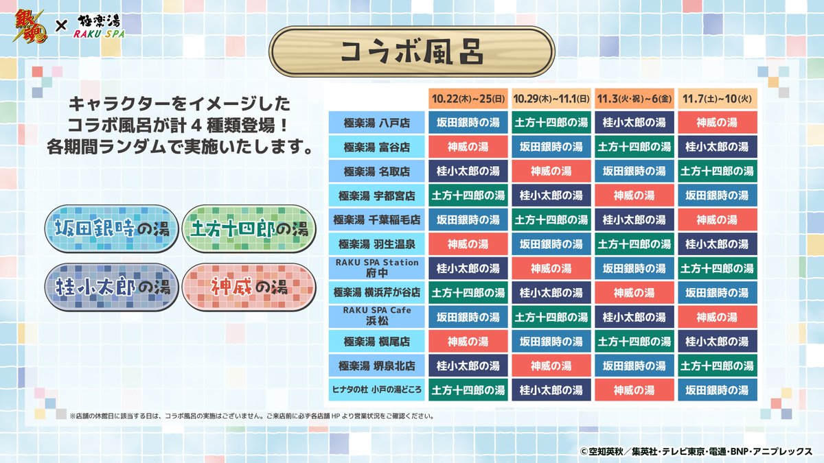 goodsgintama66's tweet photo. 銀魂×極楽湯RAKUSPA「極楽湯かぶき町店」
コラボ開催決定！

開催期間：2026年10月22日(木)~11月10日(火)
コラボ風呂、コラボメニュー販売や装飾など楽しい企画を実施！グッズについては後日詳細解禁予定

▼コラボHP
https://t.co/4ZSLYx2HuO

#銀魂 https://t.co/2V8EGm5L2i