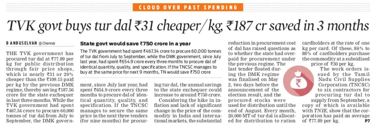 omjasvinMD's tweet photo. After tenders see negative bidding, #PDS procurement cost too reduces in Tamil Nadu. #TVK govt buys tur dal at Rs 31 cheaper per kg saving Rs 186 crore in three months. Story by @anbu_madras 

. @Arappor in the past have flagged major violations and corruption in procurement of PDS in bidding, tendering and inflated costs too.