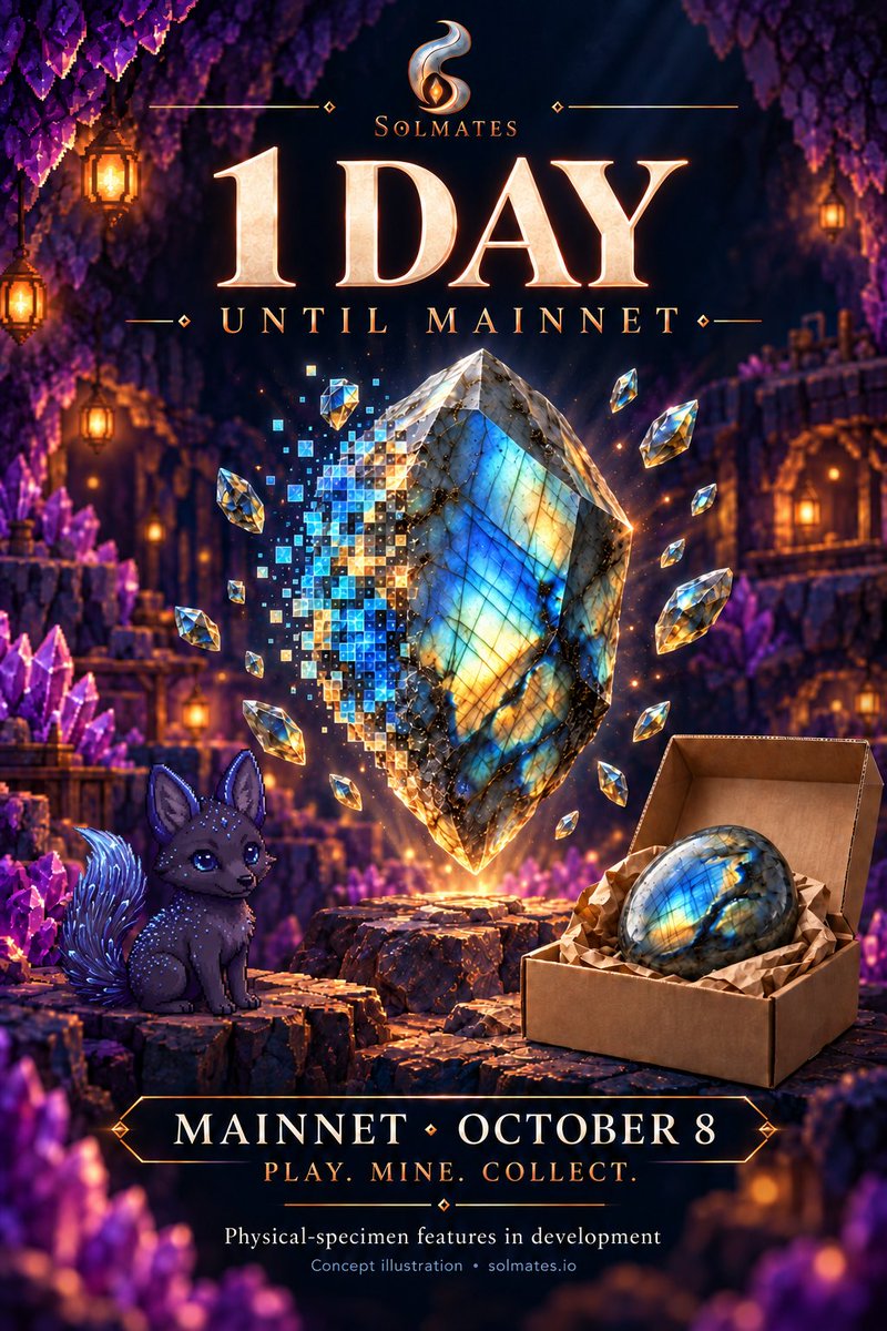 Solmatesio's tweet photo. 1 day until launch. ⛏️ The mine is digital. The ore is not.  Solmates launches on Solana October 8th. Mine Souls in-game → craft Shards → buy relics → redeem them for REAL physical mineral specimens from a vault. Shipped to your door.  Genesis miners earn DOUBLE: 4 Souls/day vs 2 after the window closes.  Position yourself before day one: 

telegram: https://t.co/L44Cf0tHi0 discord: https://t.co/8oRsaKqu7x