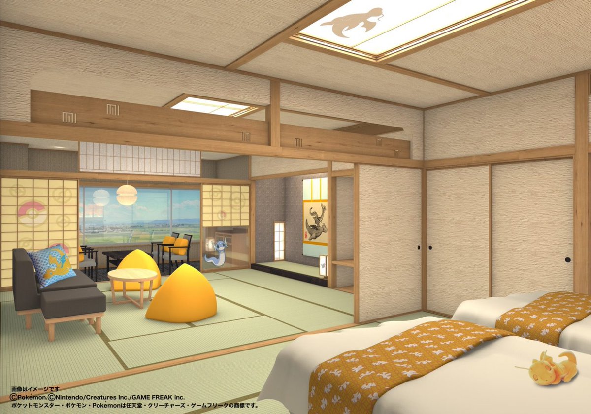 pikachu_pcn's tweet photo. グランディア芳泉
ポケモン 旅するカイリュールーム

11月12日オープン予定

客室タイプ： 和洋室（12.5畳＋10畳）
設備： 浴槽、シャワー、トイレ、和室、ベッド、リビング

↓詳細はリプ欄で https://t.co/weYClgEywX