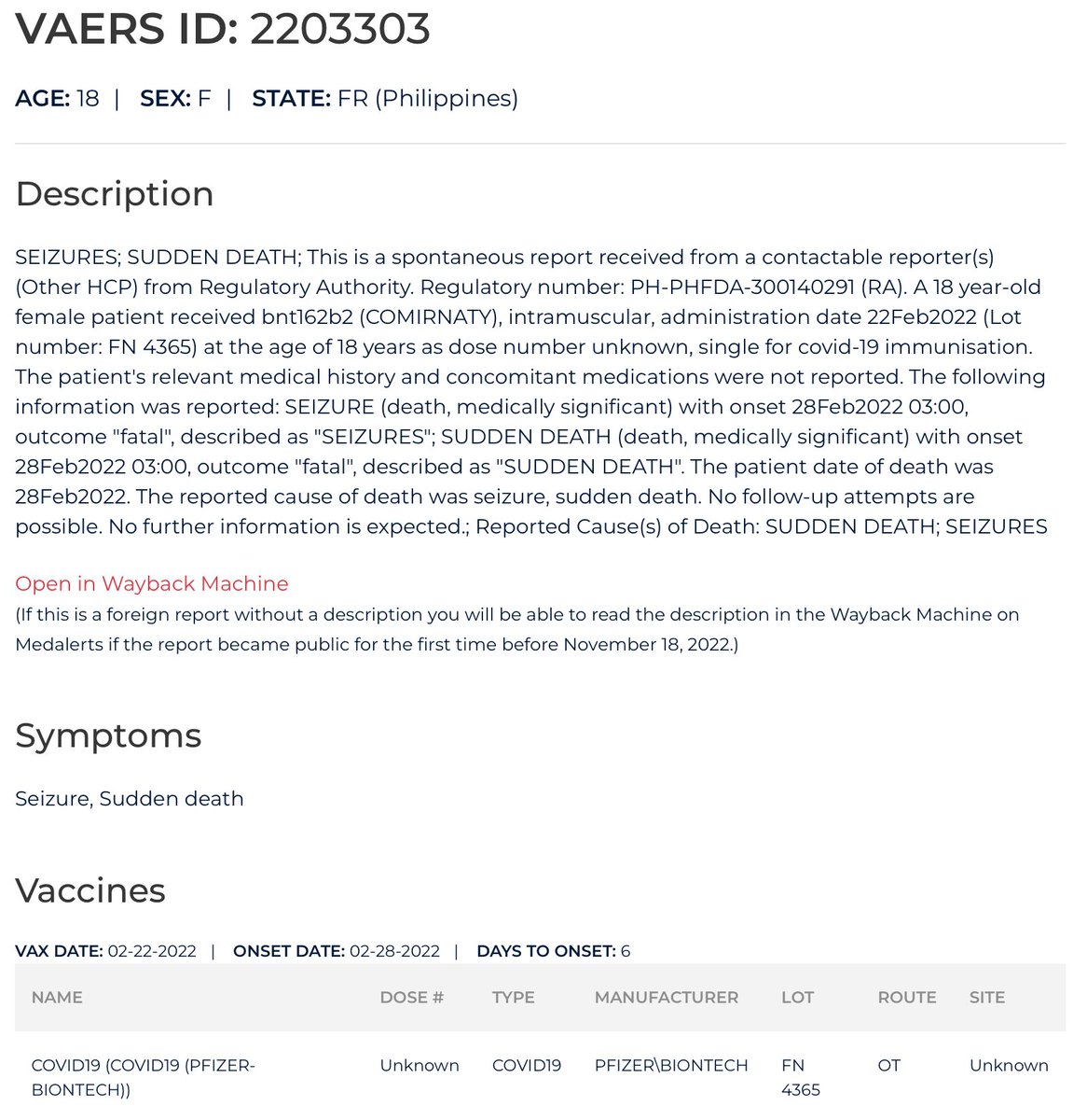 MaryBowdenMD's tweet photo. 18 year old female had seizures and sudden death 6 days after her COVID shot.

@OpenVAERS https://t.co/r6vfyYOmNL