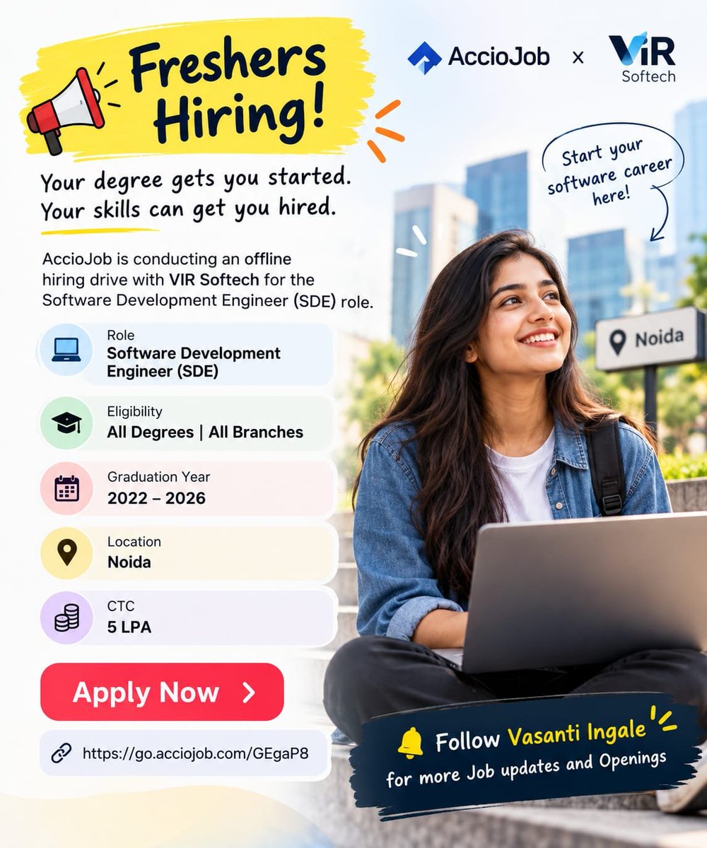 Bharambe2Kiran's tweet photo. 🚨 #Freshers , a new SDE opportunity is here!

No experience? No problem. 
This opening is for graduates ready to take their first step into the software industry.

AccioJob is conducting an offline #hiring drive with VIR Softech for the Software Development Engineer role.

💻 Role: Software Development Engineer
🎓 Eligibility: All Degrees | All Branches
📅 Graduates: 2022–2026
📍 Location: Noida
💰 CTC: 5 LPA

If you are eligible, check the details and apply before the opportunity is gone.

👉 Apply here:
https://t.co/2GYLBlS38N