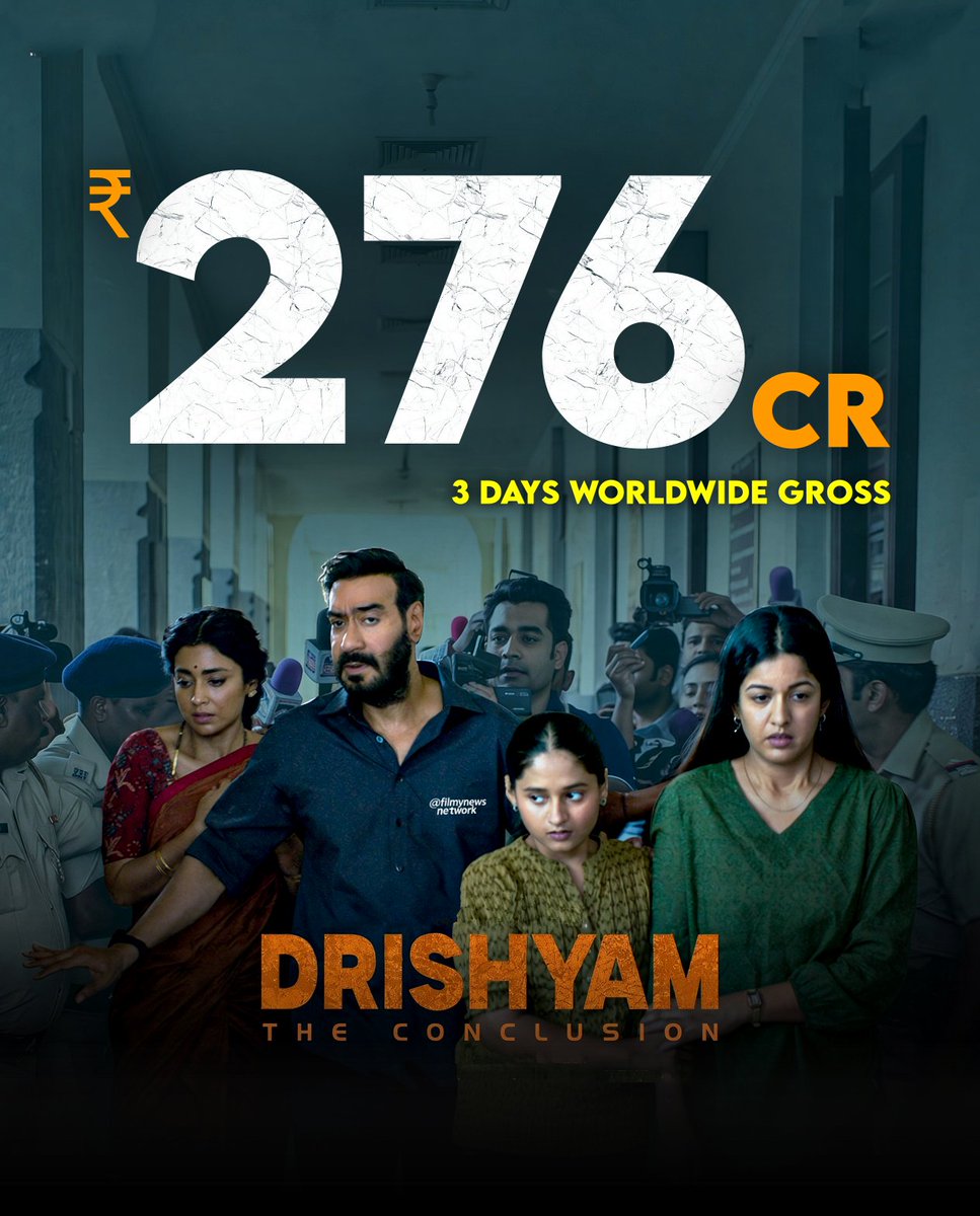 filmynewsnetwrk's tweet photo. ₹276 Crore in just 3 days! 🤯

#Drishyam3 is officially a GLOBAL BLOCKBUSTER, climbing to the 5th spot on the worldwide charts and outperforming the Hollywood biggie #Digger. 🔥