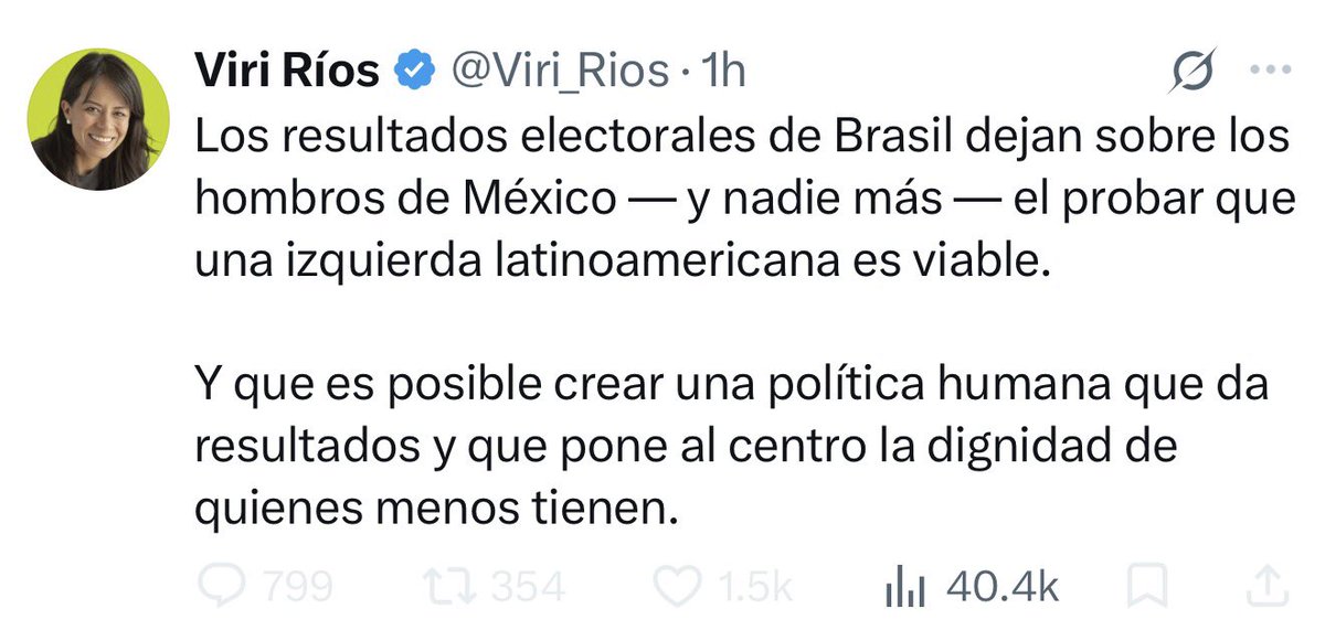 JJDiazMachuca's tweet photo. LÁGRIMAS CHAIRAS 😂

Miren nada más a Viri Ríos (@Viri_Rios).

Primero estaba “nerviosa” porque Flávio Bolsonaro superaba el 50%. Ahora que terminó por delante de Lula y Brasil se va a segunda vuelta, ya empezó a preparar el pañuelo: dice que sobre los hombros de México recaerá demostrar que “una izquierda latinoamericana es viable”.

¿México va a demostrarlo?

¿El México endeudado, con un sistema de salud que sigue padeciendo carencias de medicamentos y con obras multimillonarias cuyo costo y resultados siguen bajo discusión?

¡Pues vaya escaparate eligió para demostrar las bondades de la izquierda! 😂

Todavía no pierde Lula y ya están buscando en México el último refugio ideológico.

De los nervios a las lágrimas chairas en una sola noche.

Y falta el 25 de octubre. 😏

@Mauricio_35m