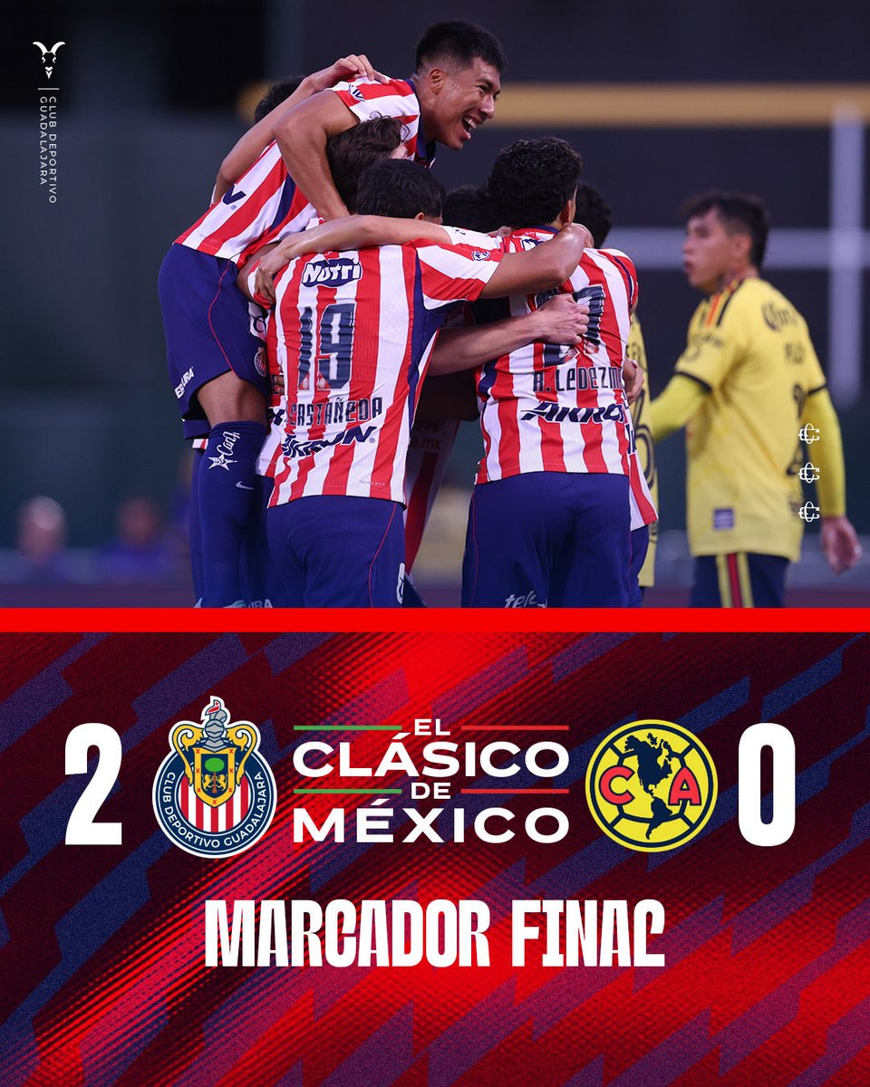 Chivas's tweet photo. 🇫🇷 ¡CHIVAS VENCE AL AMÉRICA EN OAKLAND! 👏🏼

Con un desempeño muy completo y aparición de 6️⃣ debutantes, Los Rojiblancos ganan de manera contundente en California 🐐

⚔️ ¡ARRIBA LAS CHIVAS, CABRONES! 🔴⚪️ https://t.co/kqXqT1ZC3B