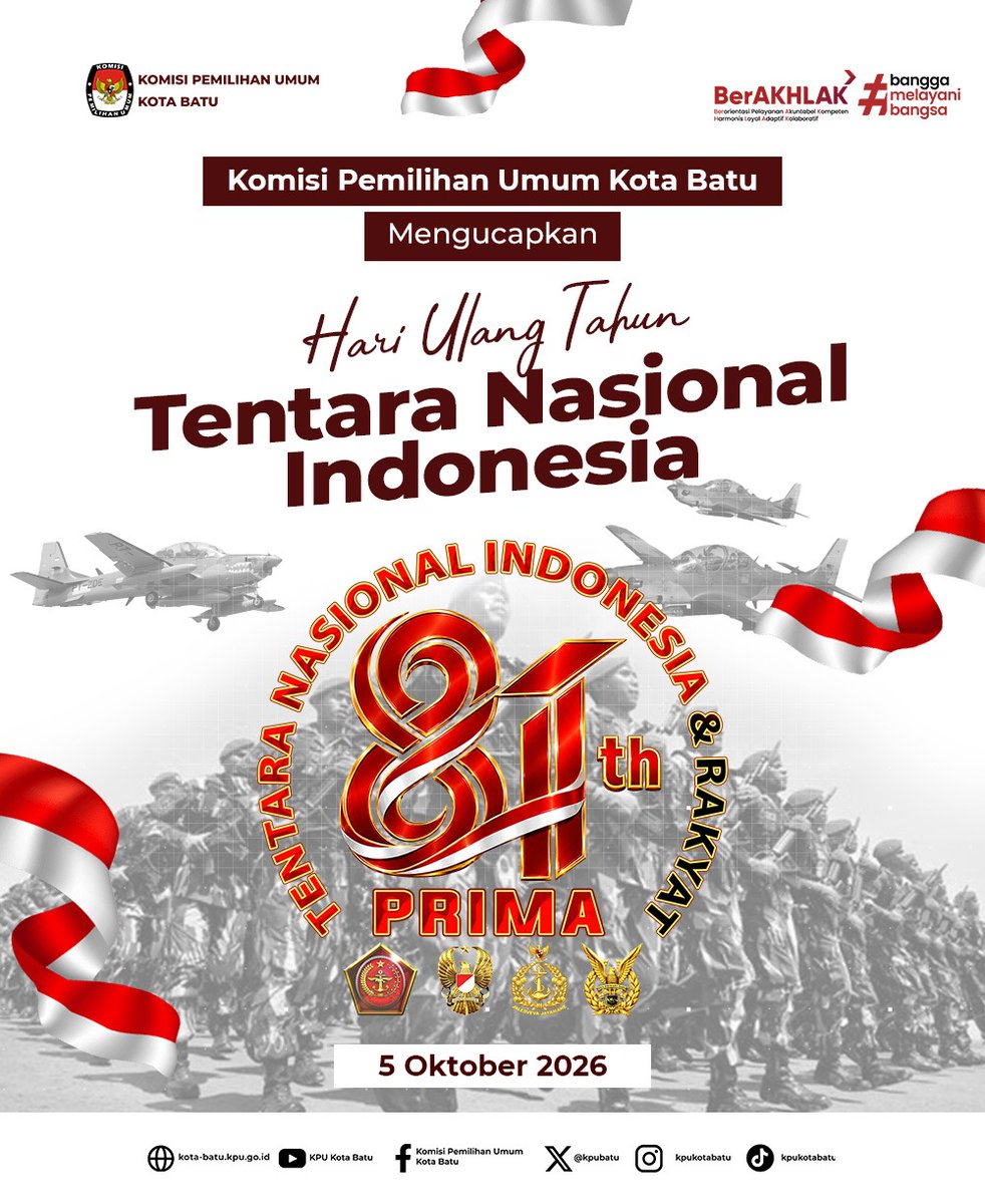 KPUBatu's tweet photo. #TemanPemilih, segenap pimpinan dan jajaran Sekretariat KPU Kota Batu mengucapkan selamat Hari Ulang Tahun ke-81 Tentara Nasional Indonesia.

81 tahun pengabdian menjadi perjalanan panjang dalam menjaga kedaulatan dan keutuhan Negara Kesatuan Republik Indonesia.

Dirgahayu TNI! https://t.co/AWGa5tFrRh