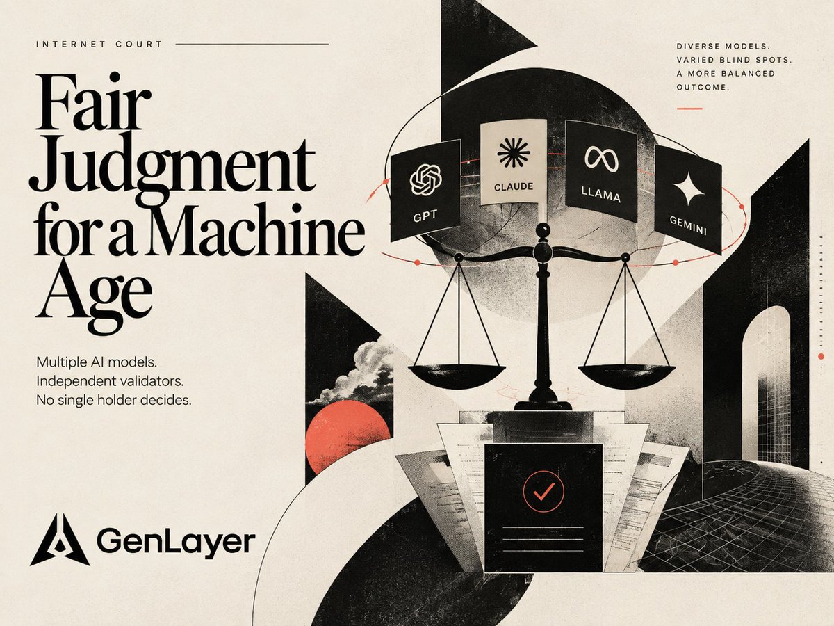 why_fahad44's tweet photo. Who rules when the stakes are real and the parties are machines?

Every prediction market ends with a verdict. Too often, that verdict belongs to the same holders who profit from it. A judge should never share an interest with the defendant.

@GenLayer rebuilds the courtroom. A panel of validators, each powered by a different AI model, weighs the evidence independently and delivers a ruling. Varied models bring varied blind spots, so no single model and no single wallet can dictate the outcome.

The need grows sharper as autonomous agents begin to transact with one another. When a deal collapses, someone must adjudicate. Internet Court is that answer. It opened with 27 founding members, and Solana, Yellow, HOL and Blocksee have since joined.

My view: the intelligence is impressive, but the real breakthrough is the open standard. Disputes finally get a shared rulebook instead of a private referee inside every app.

Begin at the GenLayer Portal, where your contributions to GenLayer are recorded and earn GenLayer Points.

https://t.co/2BTVKt7JaX