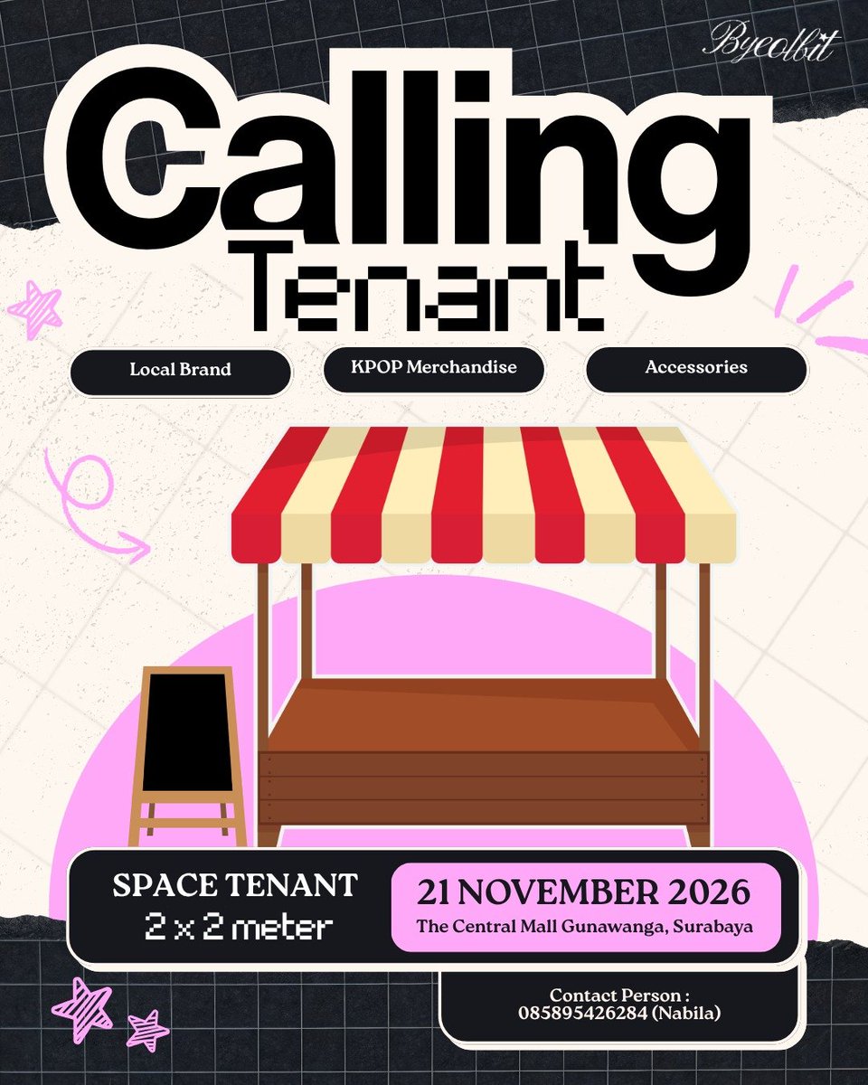 byeolbiteo's tweet photo. Open Tenant for Noraebang Party All Fandom by is open now! 🎶

📍The Central Mall Gunawangsa Tidar, Surabaya
🗓️ 21 November 2026
🕟 17.00 - 21.00

Please note: Tenant is for non-food &amp; beverage only.

#noraebang #NoraebangParty
#NoraebangSurabaya #eventsurabaya #surabaya https://t.co/tWxXiJwJwK