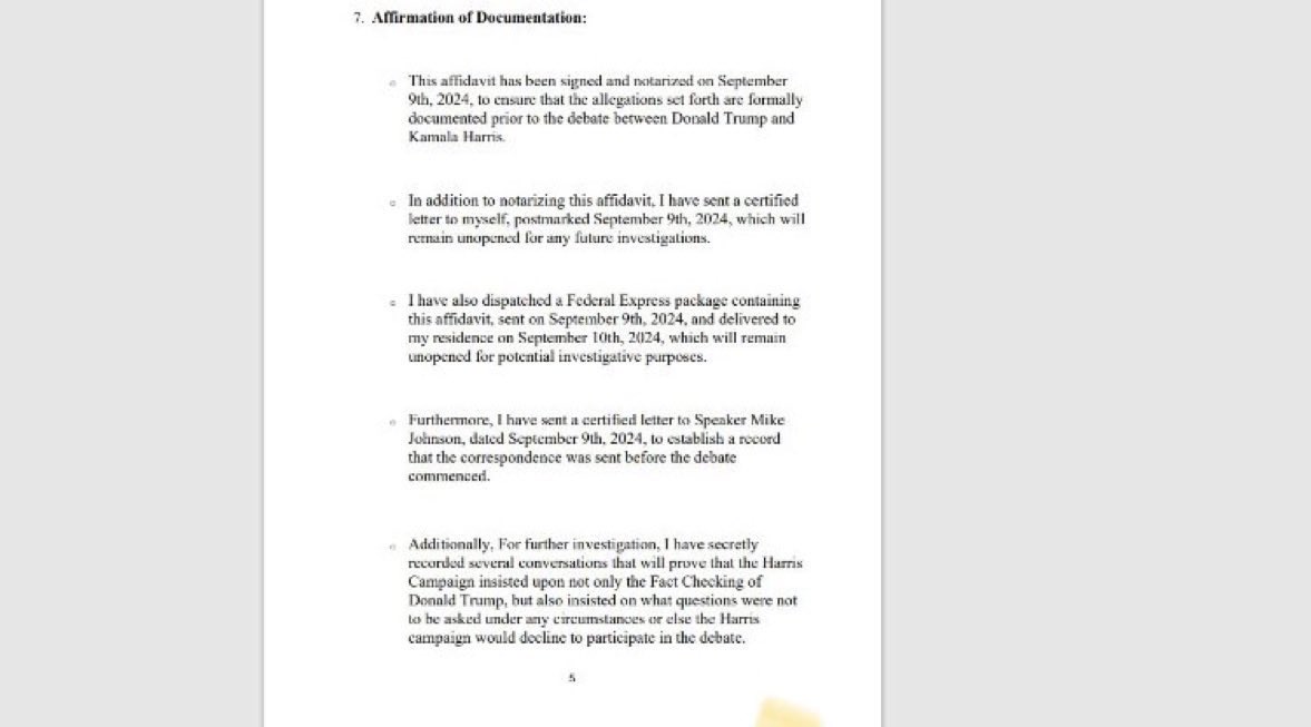 WikiLeaksQ's tweet photo. BREAKING.🚨

ABC News whistleblower swears under penalty of perjury that the Kamala Harris campaign dictated the terms of the questions during the presidential debate. 

Furthermore, the Harris campaign insisted upon live "fact checking" of Donald Trump during the debate.

ABC News "fact checked" Trump at least five times and did not fact check Harris once, despite the Democratic candidate telling provable lies, such as the "fine people hoax" and the blo*dbath hoax."

The whistleblower signed the affidavit in New York and has sent a copy to Speaker Mike Johnson, the notarized document states. 

The unnamed individual states that he or she is in possession of secret recordings that will prove that ABC News rigged the presidential debate.

ABC News committed election interference. This is a MASSIVE scandal.