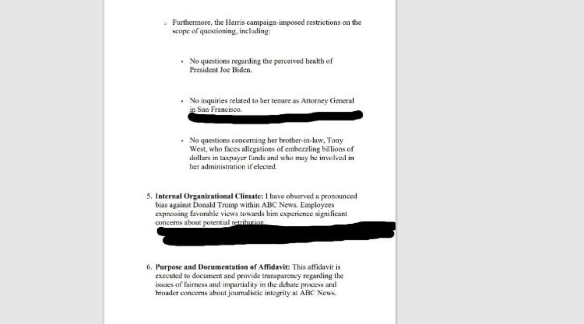 WikiLeaksQ's tweet photo. BREAKING.🚨

ABC News whistleblower swears under penalty of perjury that the Kamala Harris campaign dictated the terms of the questions during the presidential debate. 

Furthermore, the Harris campaign insisted upon live "fact checking" of Donald Trump during the debate.

ABC News "fact checked" Trump at least five times and did not fact check Harris once, despite the Democratic candidate telling provable lies, such as the "fine people hoax" and the blo*dbath hoax."

The whistleblower signed the affidavit in New York and has sent a copy to Speaker Mike Johnson, the notarized document states. 

The unnamed individual states that he or she is in possession of secret recordings that will prove that ABC News rigged the presidential debate.

ABC News committed election interference. This is a MASSIVE scandal.
