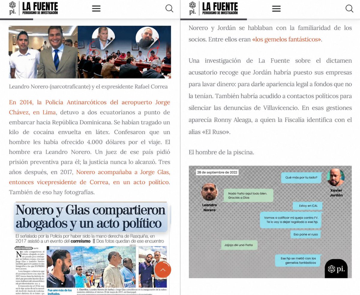 ArduinoTomasi2's tweet photo. «Difundir. Que Noboa sea un presidente ilegítimo».

Se lo escribió Rafael Correa a María Paula Christiansen, pareja de #JoséSerrano, tras la victoria de @DanielNoboaOk sobre Luisa González en 2025.

En Ecuador opera una estructura que desestabiliza gobiernos y busca capturar el Estado para garantizarse impunidad. Los nombres se repiten: el narco Leandro Norero aparece en fotos junto a Correa y Jorge Glas y, según los chats del caso Metástasis, le dijo a Jordán que ya tenía los sicarios para matar a Fernando Villavicencio.

Lo conversamos en Cuesta Arriba con @mmcuesta. Aquí un extracto; la entrevista completa, acá: https://t.co/my4WFD3w4w

«Volver, para estar a salvo: la estructura de impunidad y desestabilización en Ecuador (2007-2026)»
🔗 https://t.co/Cjl1ixv2Au