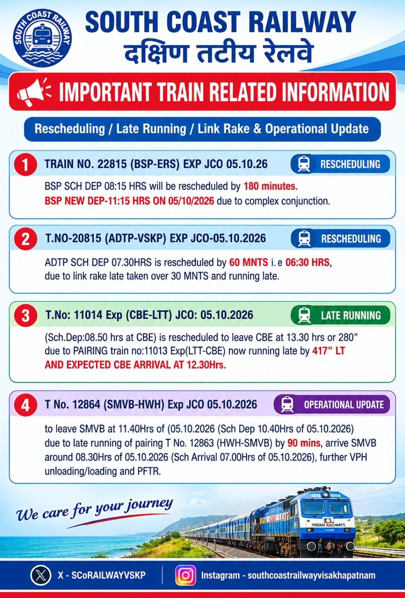 SCoRAILWAYVSKP's tweet photo. Important Travel Update:Rescheduling Of Train with updated timing
@DRMVSKPSCoR @drmvijayawada 
@drmgnt @drmgtl @EastCoastRail @SWRRLY https://t.co/PucB0hK7Ri