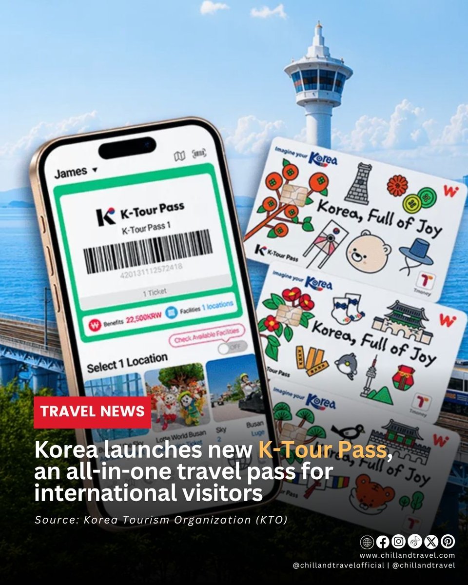 ChillandTravel's tweet photo. On 1 Oct 2026, South Korea launched the new π-ππ€πͺπ§ πππ¨π¨, giving international travelers exclusive benefits, including 50% OFF on AREX, FREE admission to 1 Busan attraction, 1 WOWPASS & discounts!
π³ BUY: https://t.co/guMcEJb9cy
π· KTO
#KTourPass #SouthKorea #Travel https://t.co/ieRm539cN7