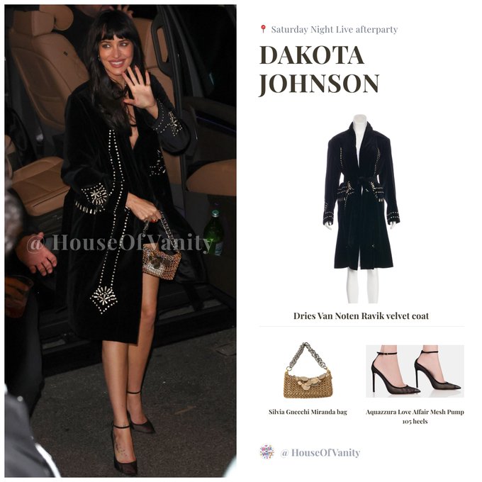A fashion collage featuring Dakota Johnson at a Saturday Night Live afterparty wearing a Dries Van Noten Ravik velvet coat, a Silvia Ghezzi Miranda bag, and Aquazzura Love Affair Mesh Pump heels.