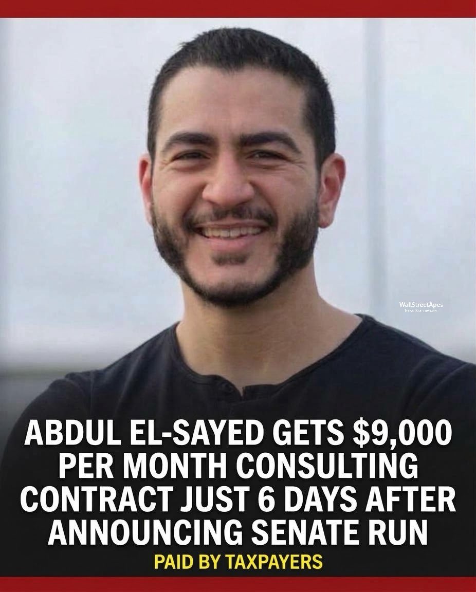 WallStreetApes's tweet photo. Senate financial disclosure shows Democrat Abdul El-Sayed starting making $9,000 per month in “consulting fees” AFTER announcing his run for Senator in Michigan

Watchdog report shows he’s been making the equivalent of $300 per hour PAID BY TAXPAYERS

Yes, you heard that right, it’s taxpayer money being used to pay him $9,000 per month

The money comes from Wayne County taxpayers, through the county Department of Health, Human and Veterans Services

- Most of it was labeled “HHVS Leadership Support & Operational Guidance”
- About 20 hours of “Data & Quality Strategy Advising.”
- About 9 hours of “County Executive Leadership Support.”
- About 5 hours of “Media & Communications Support.”

Again, $300 an hour, $9,000 per month for “strategic support”

Here’s where it gets really corrupt:

The consulting deal with Abdul El-Sayed was given just 6 days after he announced his Senate run……