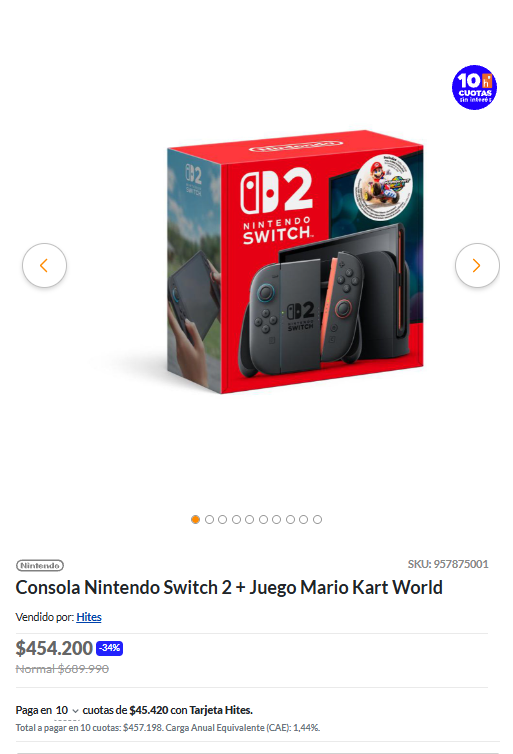 MichiOfertasCL's tweet photo. SUPER OFERTA EN HITES!! Consola Nintendo Switch 2 + Juego Mario Kart World por $454.200!

Link directo: https://t.co/DQwmlaRoMx

#nintendo #hites #cyberday https://t.co/k6pNgAIeEG