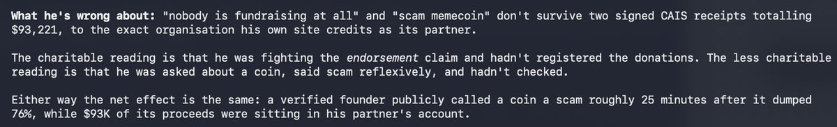 0xTantei's tweet photo. Mario, the only thing you're doing right now is making it look like you were the bundle that did the selling. 

What doesn't work anymore, is people of your level playing dumb. Crypto isn't a few years old anymore. Everyone knows how this works, and you aren't making yourself look good. 

Just acknowledge the donations to charity were real. 

Your campaign for AI safety was the reason 6 figures were raised, you should champion that, not call it a scam. When you do that, the only people getting scammed are the ones that were holding. 

Be better.