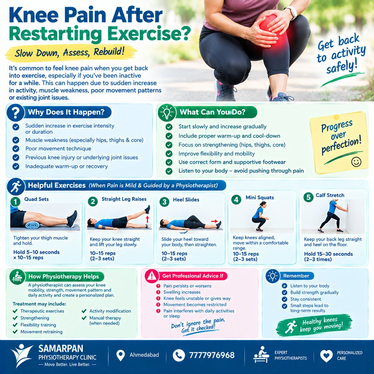 physiotherapy_s's tweet photo. 𦡠Knee Pain After Restarting Exercise?
Try:
β
Start with low intensity
β
Warm up properly
β
Increase exercise gradually
β
Focus on proper technique
β
Strengthen hips, thighs & core
β
Allow enough recovery time
#KneePain #ExerciseAfterBreak #KneeHealth #KneeExercises https://t.co/dKkKDvqiyb