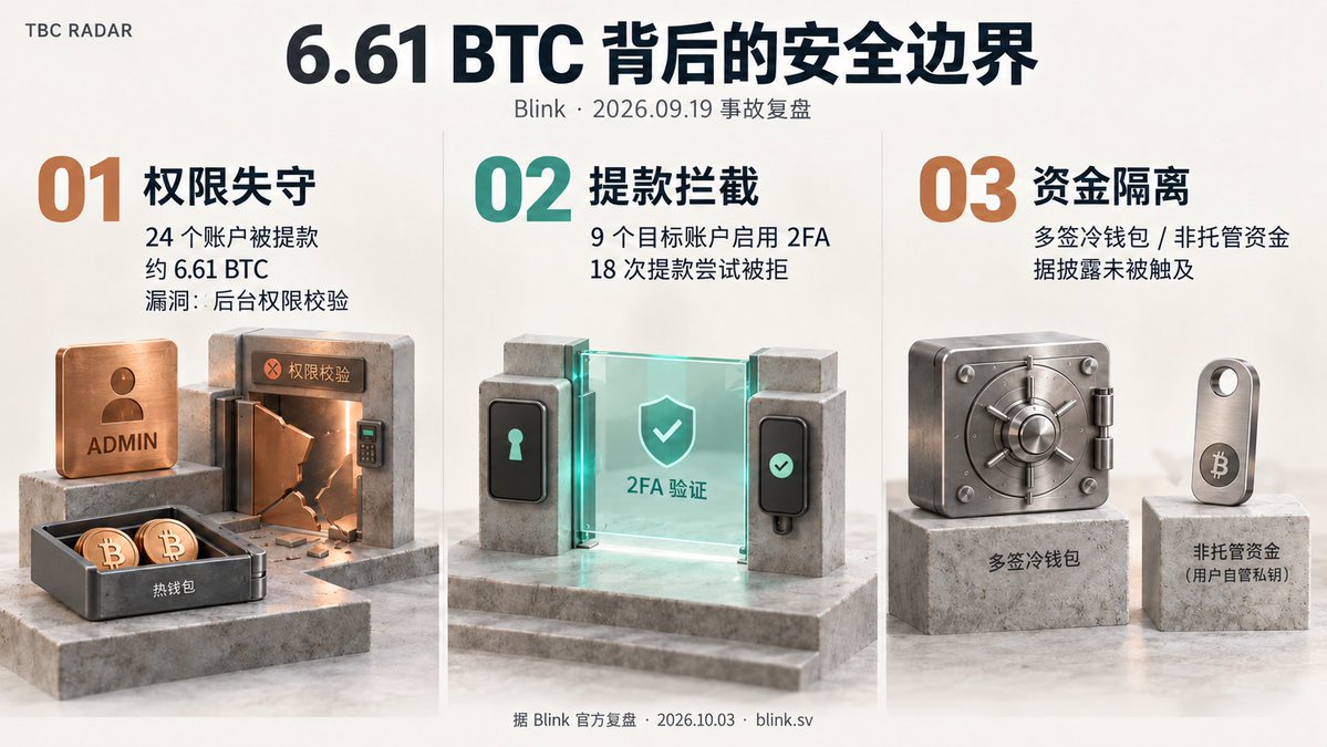 songping212's tweet photo. Blink 后台权限失守，约6.61 BTC 被盗；9个开启2FA的目标账户同样被接管，提款却被拦住了。攻击者已经接管账户，为什么仍过不了这9个账户的提款验证？

据Blink 10月3日发布的复盘，攻击发生在9月19日。攻击者从普通账户入手，利用管理工具的权限校验漏洞获得管理员权限，再修改用户联系方式、接管账户，并提高部分账户的提款限额。24个账户被提款，其中22个属于客户，2个属于Blink集团。

另外9个开启2FA的目标账户，遭遇的18次提款尝试全部被拒。Blink解释：攻击者改了联系方式，拿到登录验证码，却没有用户手机上的认证器验证。只凭登录验证码建立的会话，无法从开启2FA的账户转出资金。

被盗资金来自热钱包。据公司披露，多签冷钱包和非托管资金未被触及。9月24日，股东出资补回了受影响余额。另有3,817个账户资料被查看，资金补回并不能撤销资料暴露。

评估钱包安全，TBC Radar 会先看具体权限：账户谁能改，提款怎么批，私钥谁来管。分别核对这些权限，才能看清一次事故里哪些保护失效、哪些仍在起作用。

完整复盘：https://t.co/rIv9pgFP29

#TBC #TuringBitChain #图灵比特链 #TBCRadar #Bitcoin #BTC #Blink #2FA #SelfCustody #WalletSecurity