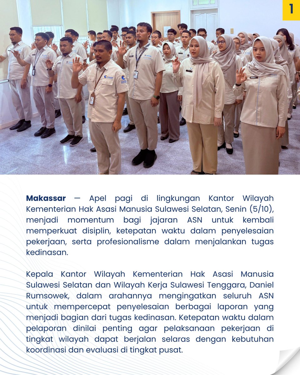 kemenhamsulsel's tweet photo. Kerja Tuntas, Waktu Berkualitas; Kakanwil Kemenham Sulsel Ingatkan Disiplin ASN

#ASNBerAKHLAK 
#KemenhamSulsel 
#integritas https://t.co/kcz92BdVdq