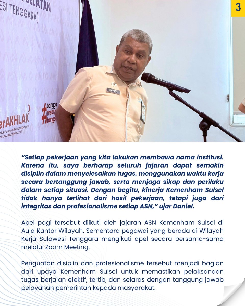 kemenhamsulsel's tweet photo. Kerja Tuntas, Waktu Berkualitas; Kakanwil Kemenham Sulsel Ingatkan Disiplin ASN

#ASNBerAKHLAK 
#KemenhamSulsel 
#integritas https://t.co/kcz92BdVdq