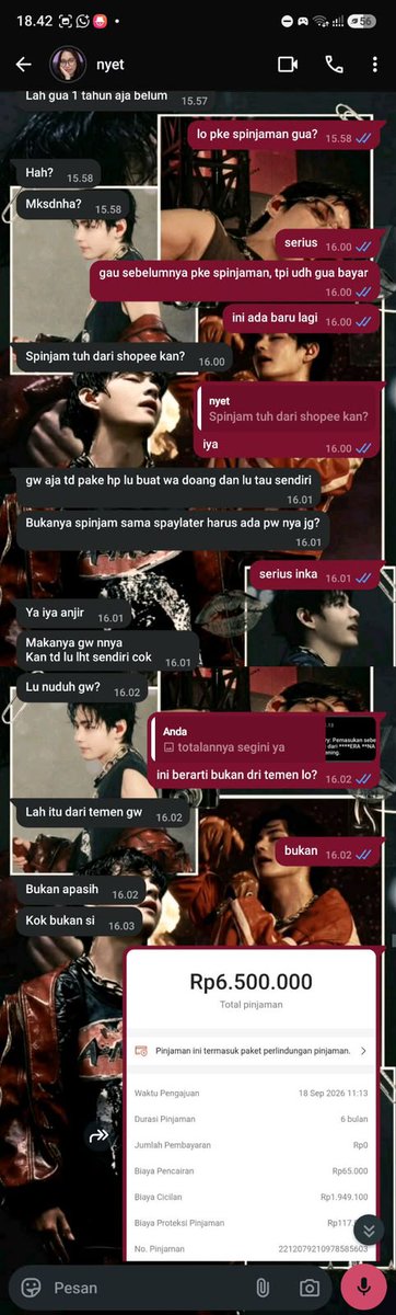 suoeur's tweet photo. supaya konteksnya jelas, kami mulai dari awal.
dari bukti chat yang kami terima, yang bersangkutan mengaku sedang membutuhkan uang dan kemudian melibatkan nama project/donasi byjohfams dalam ceritanya.

padahal, seperti yang sudah gua jelaskan di tweet sebelumnya, tidak ada permintaan donasi tambahan dari pihak kami pada saat kejadian ini. Dan
jadi sejak awal, nama project kami sudah dibawa ke dalam urusan pribadi yang sama sekali tidak berkaitan dengan kegiatan byjohfams.

[18 september 2026]
pada pukul 11.13 wib, terdapat pencairan spinjam sebesar Rp6.500.000. setelah dipotong biaya pencairan sebesar Rp65.000, dana yang benar-benar masuk adalah Rp6.435.000.

setelah dana tersebut masuk ke rekening N, N baru mengetahui bahwa ada pencairan spinjam yang tidak pernah ia lakukan.

bukti pencairan, mutasi rekening, nominal, serta waktu transaksi kami lampirkan di bawah ini. (chat N dan Zahra)