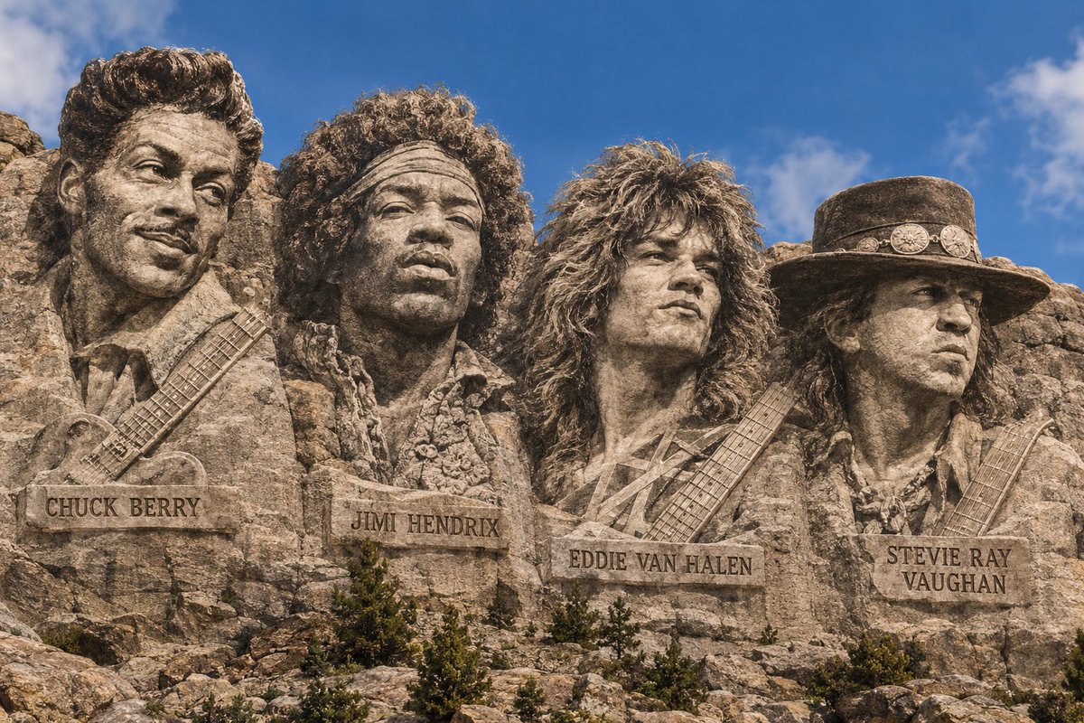 ReaganBrowneTX's tweet photo. Did anyone influence people to play the guitar more than these guys?? 🤔 I say no! #chuckberry @JimiHendrix @eddievanhalen #stevierayvaughan #mountrushmore https://t.co/TyMWUcOXvB