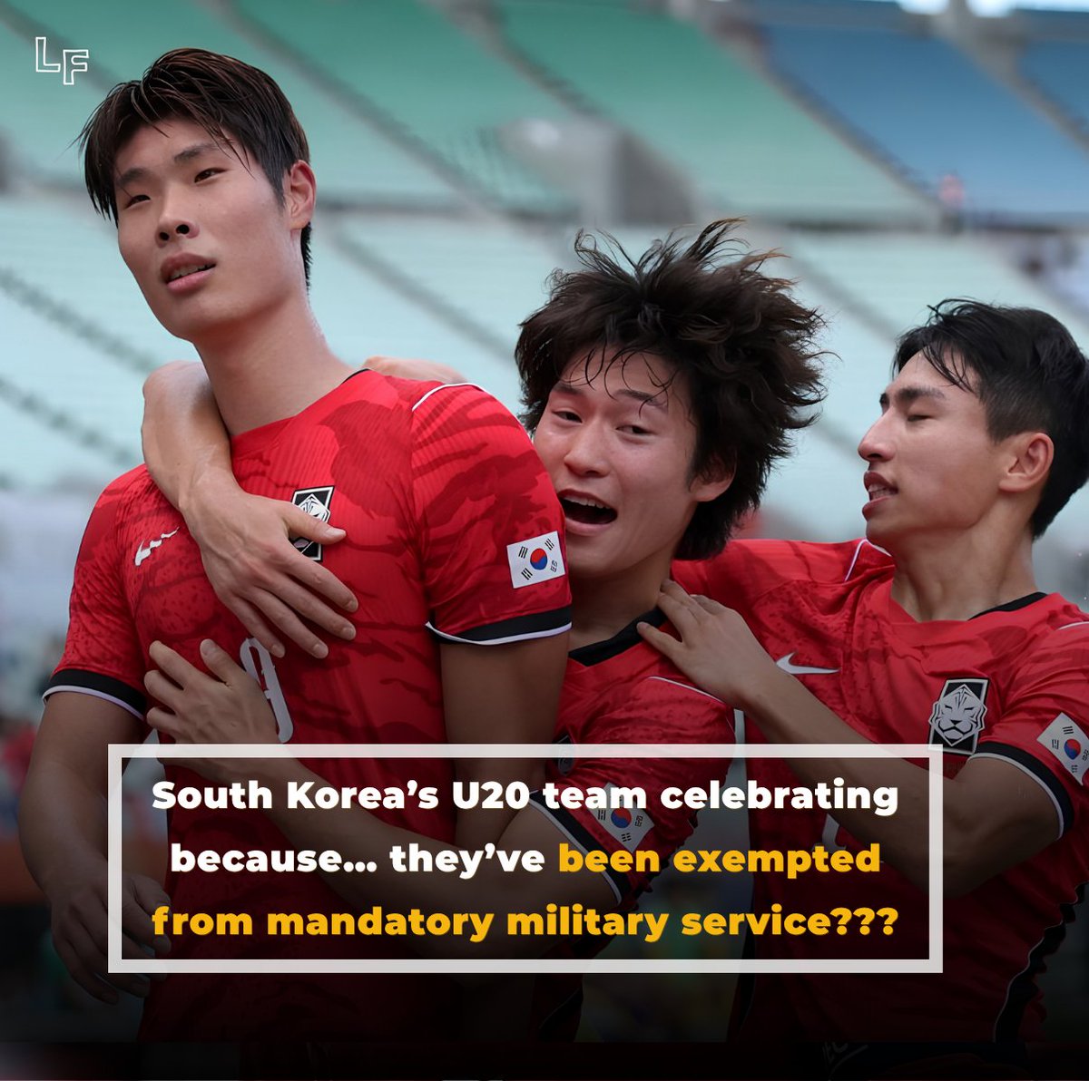LanksFootball's tweet photo. ❎ Celebrating a championship title
✅ Celebrating military service exemption????

Specifically, South Korea's men's football championship at ASIAD 2026 was overshadowed by controversial statements from several players, who openly expressed overwhelming excitement and admitted their main objective was simply to secure a military service exemption. Although the players and the Korea Football Association (KFA) promptly issued apologies, the incident sparked widespread public outrage.

This incident ignited a fierce nationwide debate regarding the military exemption policy established in 1973 (which transfers high-performing athletes to the "arts and sports personnel" status). Numerous lawmakers and citizens are demanding a thorough review or complete reform of the system to ensure fairness, pointing out that globally influential artists like BTS still had to fulfill their military duty as normal.

#Lamfao #Football