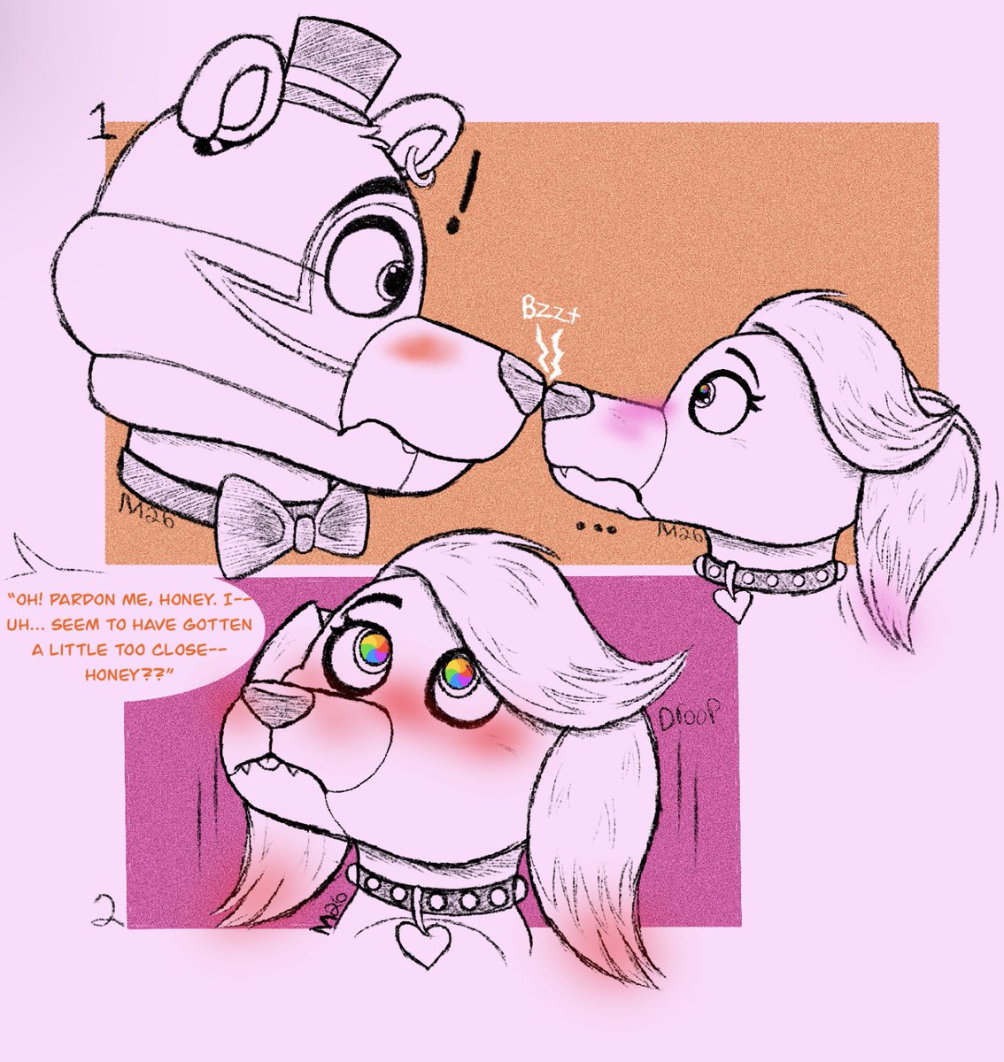 Its_a_me_mayah's tweet photo. #ocxcanon || They give me cavities 😭💜
Honey’s built-in blush system gets stronger depending on how flustered she is…slightly flustered = pink cheeks/ears, REALLY flustered = bright red 😭
#glamrockfreddy #fnafoc #shipart https://t.co/afkyW6L5sN