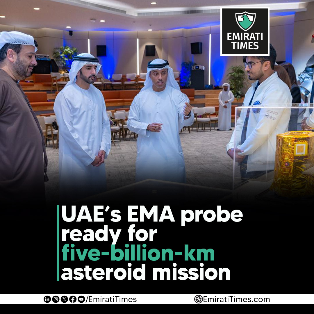 EmiratiTimes's tweet photo. UAE unveils its EMA probe, which will travel five billion km to explore seven asteroids aboard the MBR Explorer.
https://t.co/PlVoKBINfG
#UAESpaceSector #EMAProbe #AsteroidMission #EmiratiTimes #MBRExplorer #EmiratesMarsMission #RashidRover2
@uaespaceagency @HamdanMohammed https://t.co/OQRtW9iCjq