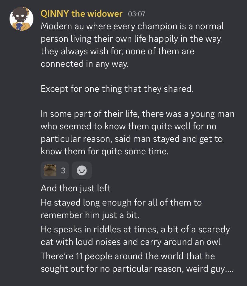Qinny007's tweet photo. // Pantheon smp spoilers
Just a …..a thing I’ve thought about.

With pyro’s wish to keep the memories of others. And I know that in Greek myth the concept of reincarnation is not really a thing and with some people having there own good endings in death,

But Pantheon Modern au. https://t.co/AgaBm59hTo
